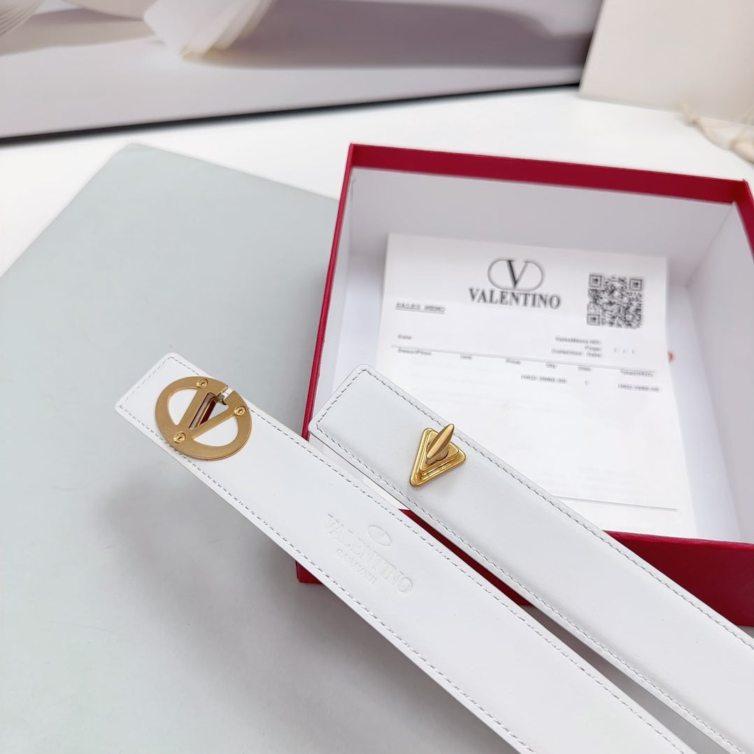 Valentino Garavani VLogo Signature 30MM White Calfskin Gold Buckle