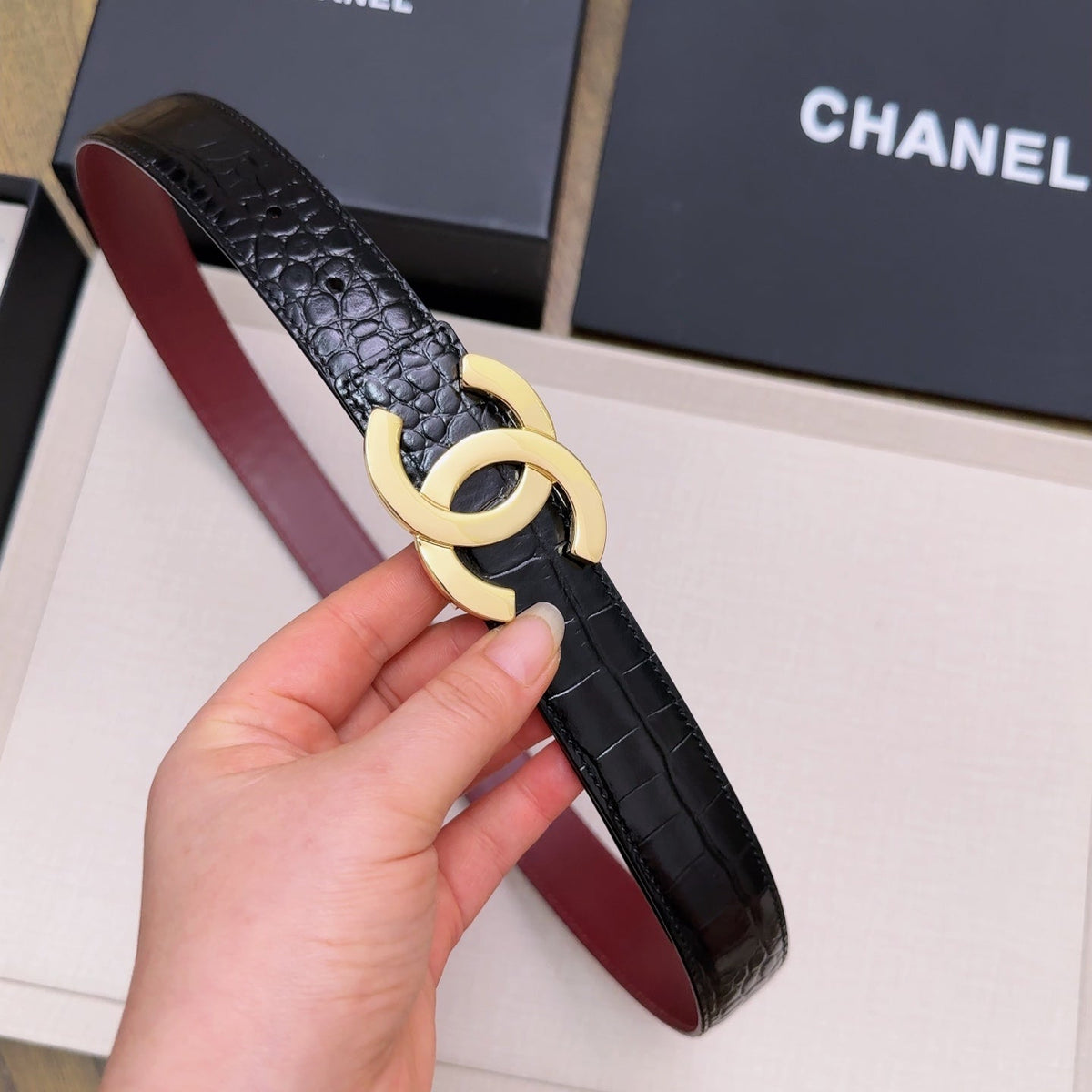 Chanel 2026 Crocodile Embossed Belt 30mm Leather 218762