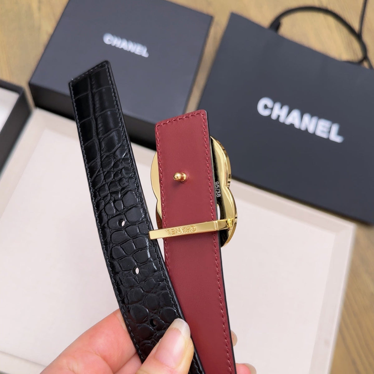 Chanel 2026 Crocodile Embossed Belt 30mm Leather 218762