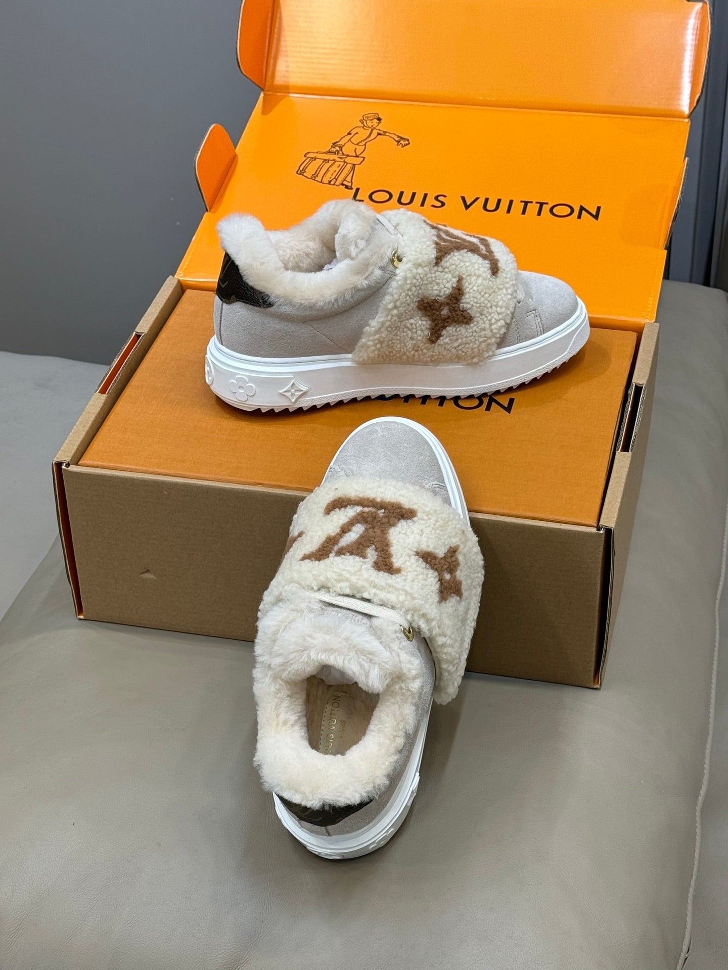 LV 25 Velcro Furry Sneakers Light Gray Beige Suede Wool 576951