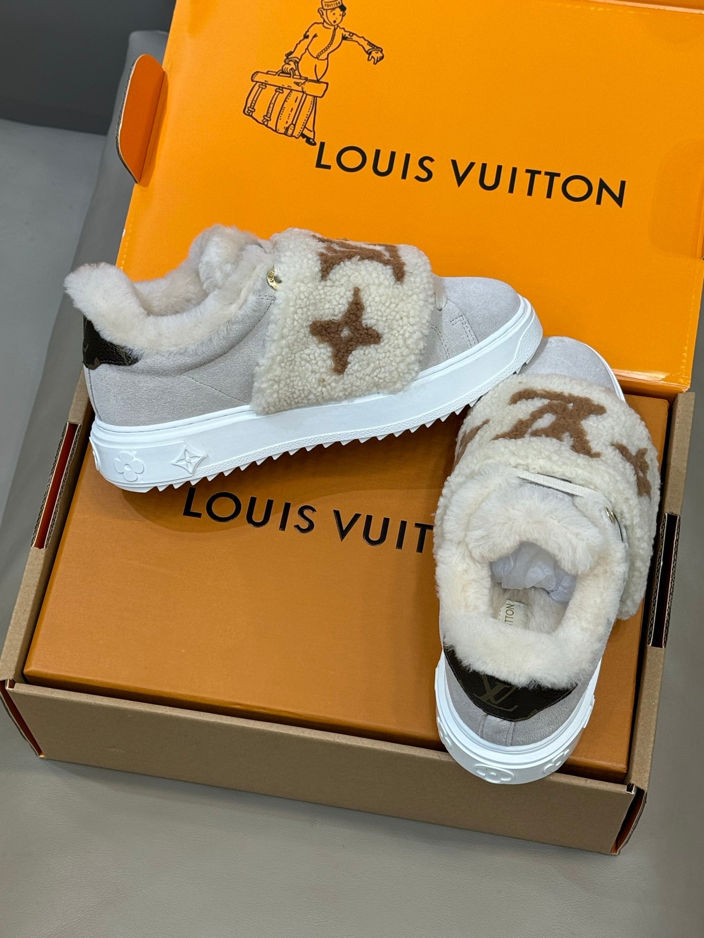 LV 25 Velcro Furry Sneakers Light Gray Beige Suede Wool 576951