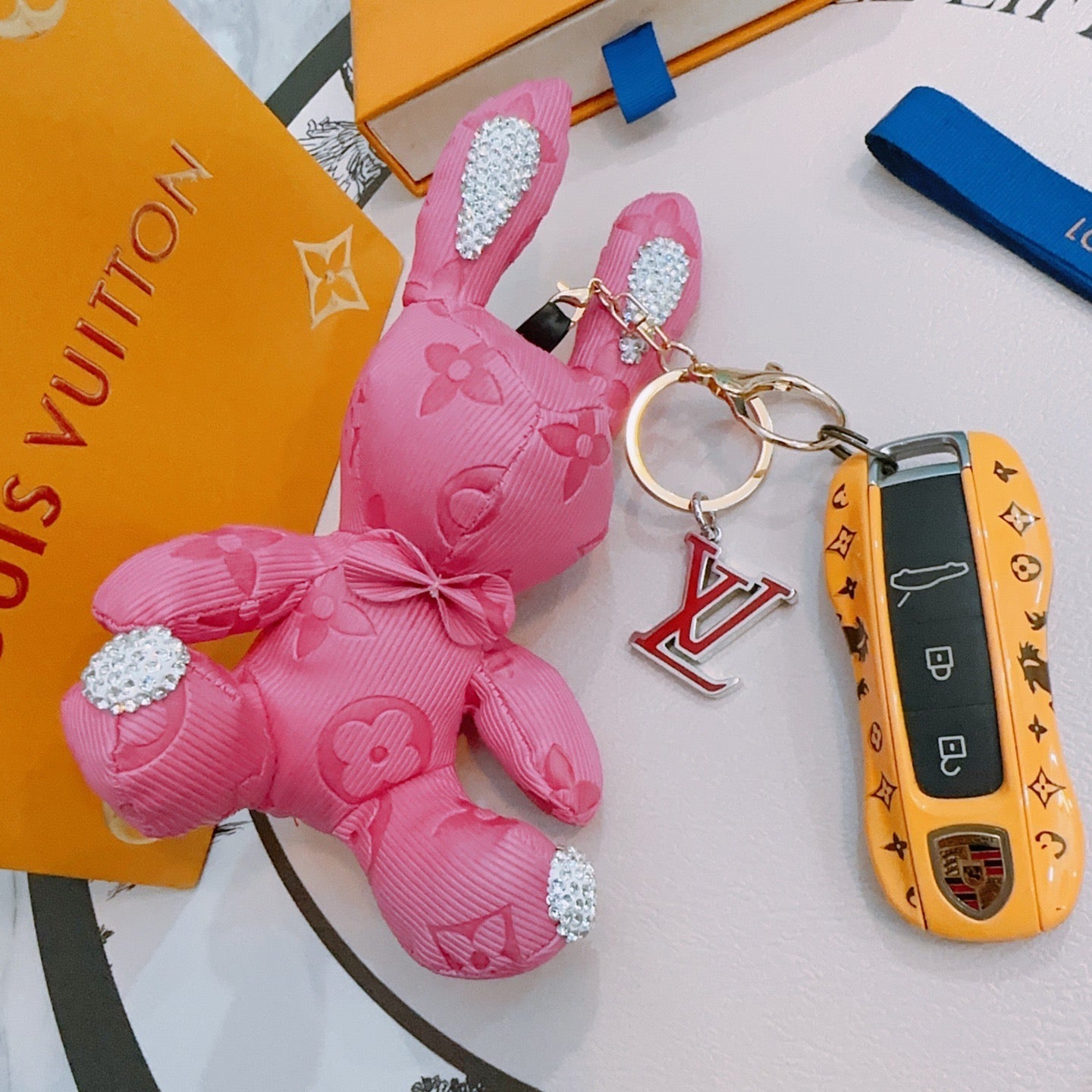LV Pink Rabbit Charm With Rhinestone Accents