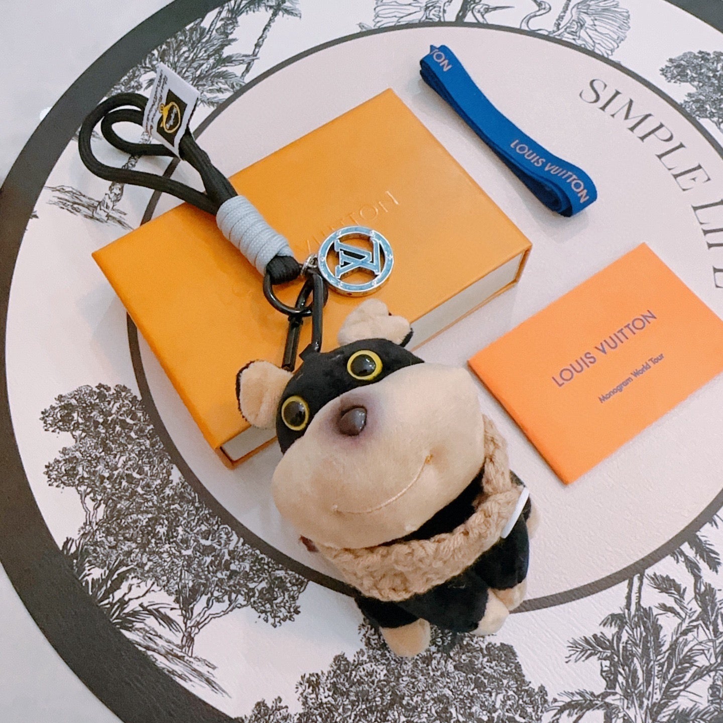 LV Black Beige Plush Dog Charm