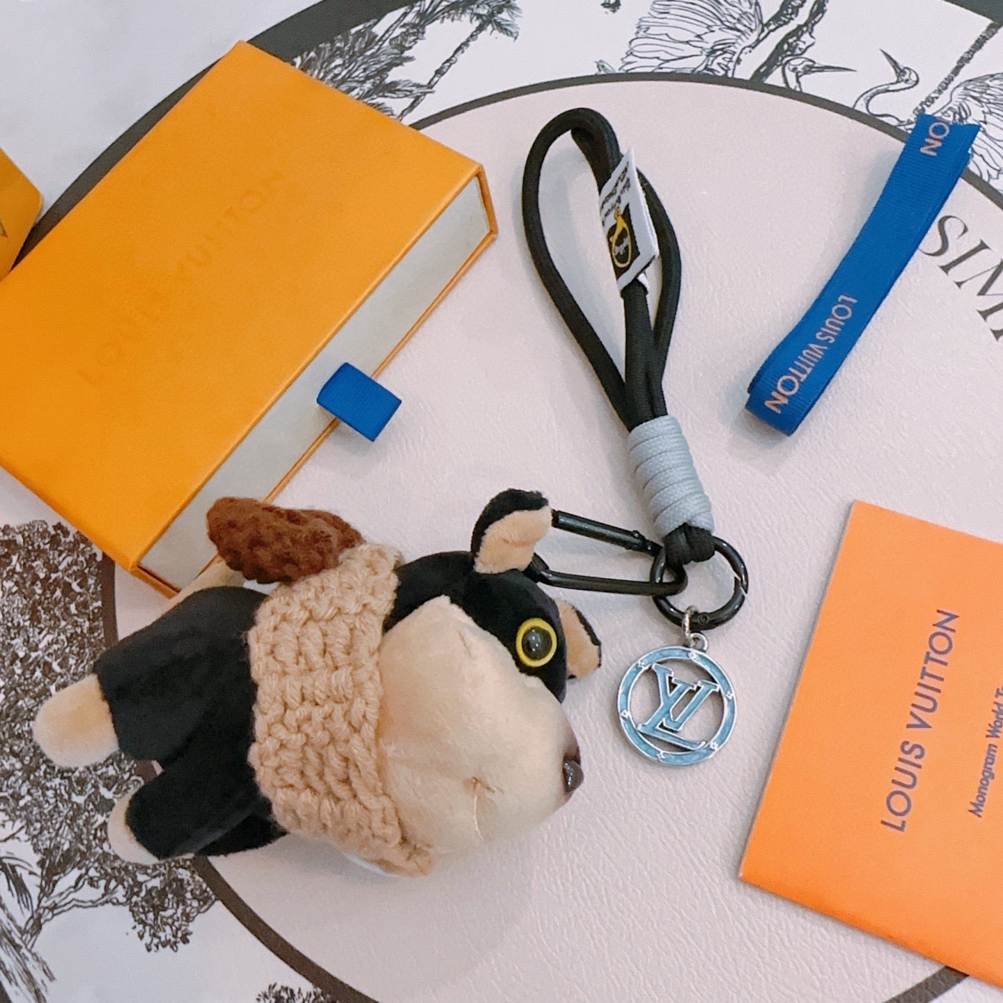 LV Black Beige Plush Dog Charm