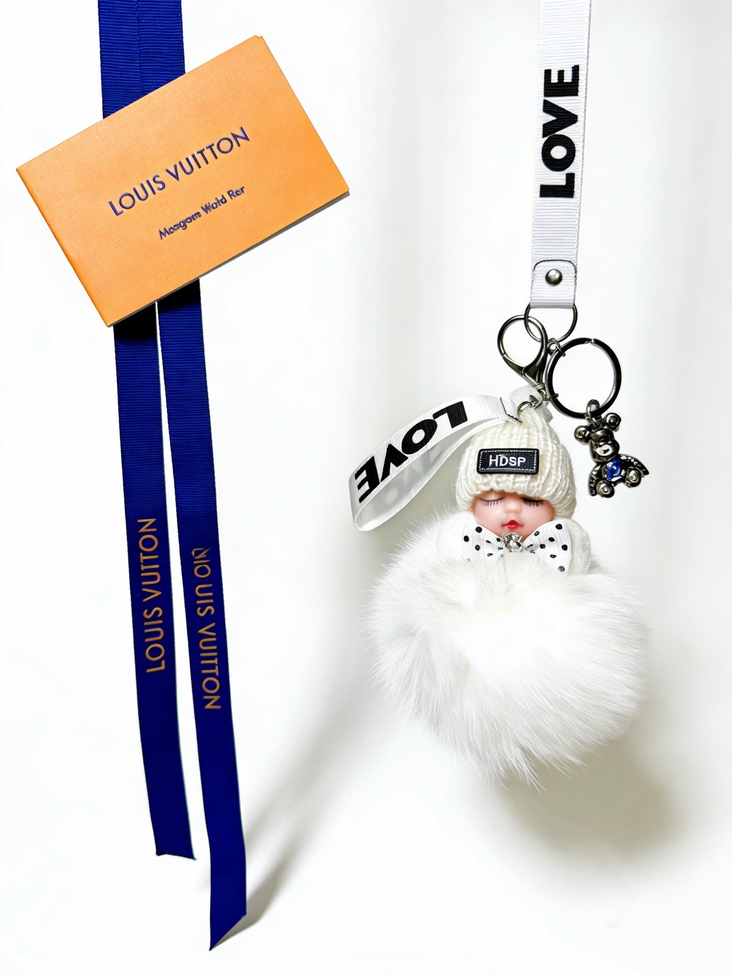 LV White Fluffy Plush Sleeping Baby Doll Charm