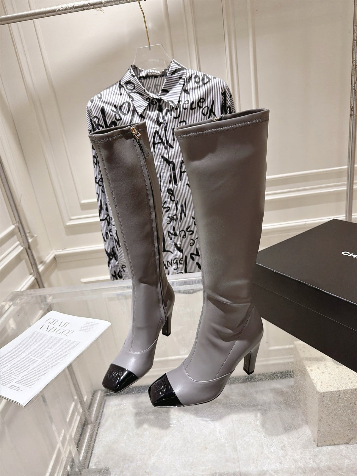 Chanel 2026 Square Toe Knee-High Boots 85mm Gray Leather 124273
