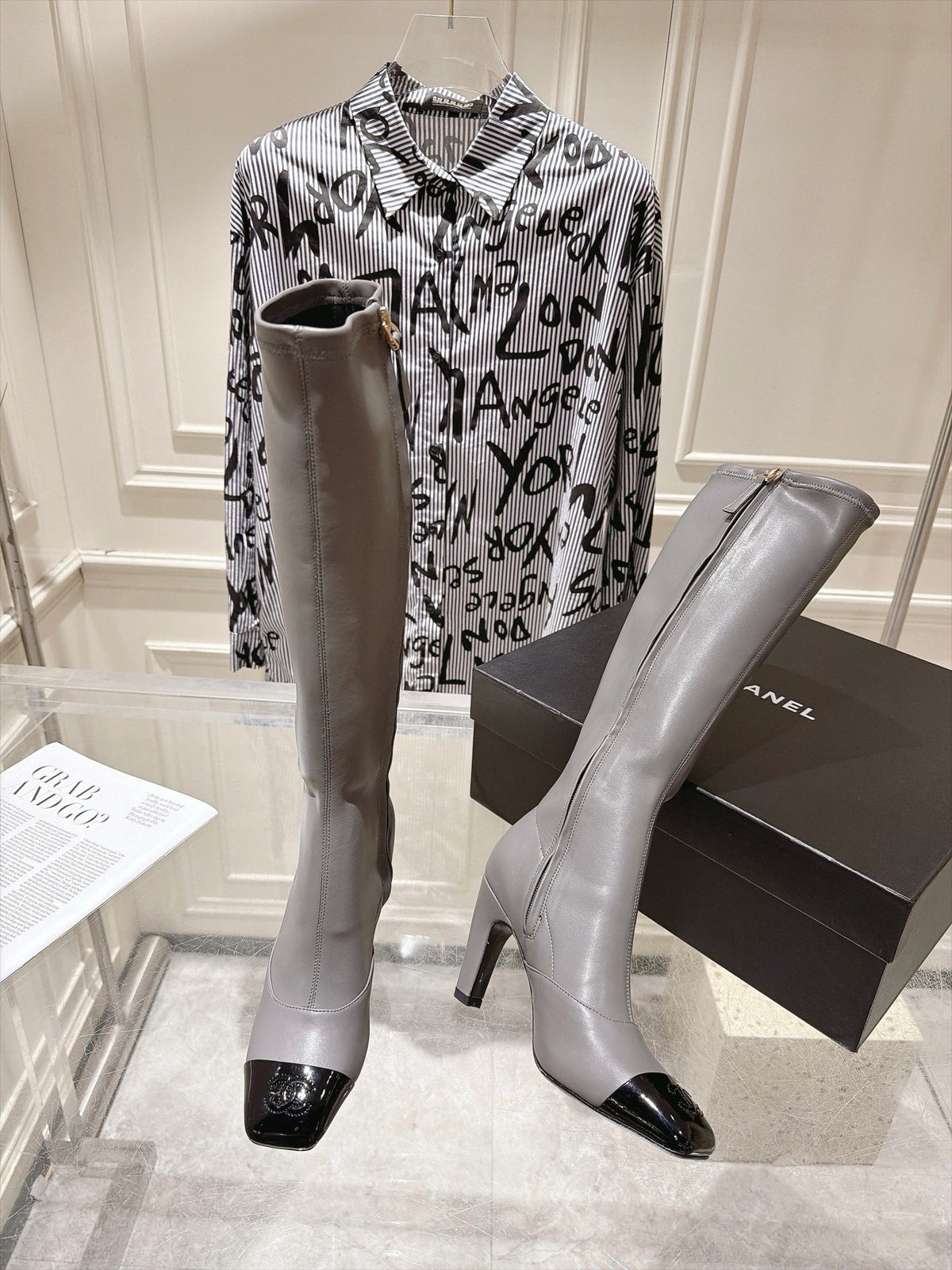 Chanel 2026 Square Toe Knee-High Boots 85mm Gray Leather 124273