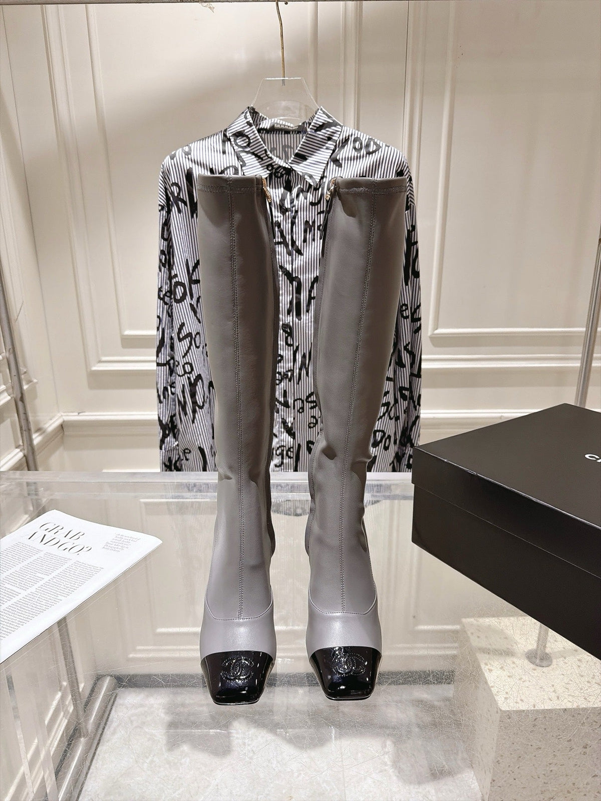 Chanel 2026 Square Toe Knee-High Boots 85mm Gray Leather 124273