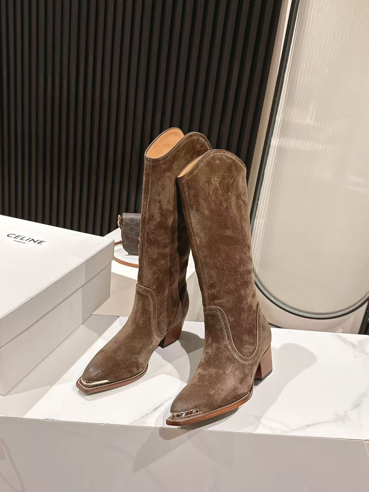 CELINE 25 Mid Calf Cowboy Boots Dark Brown Suede