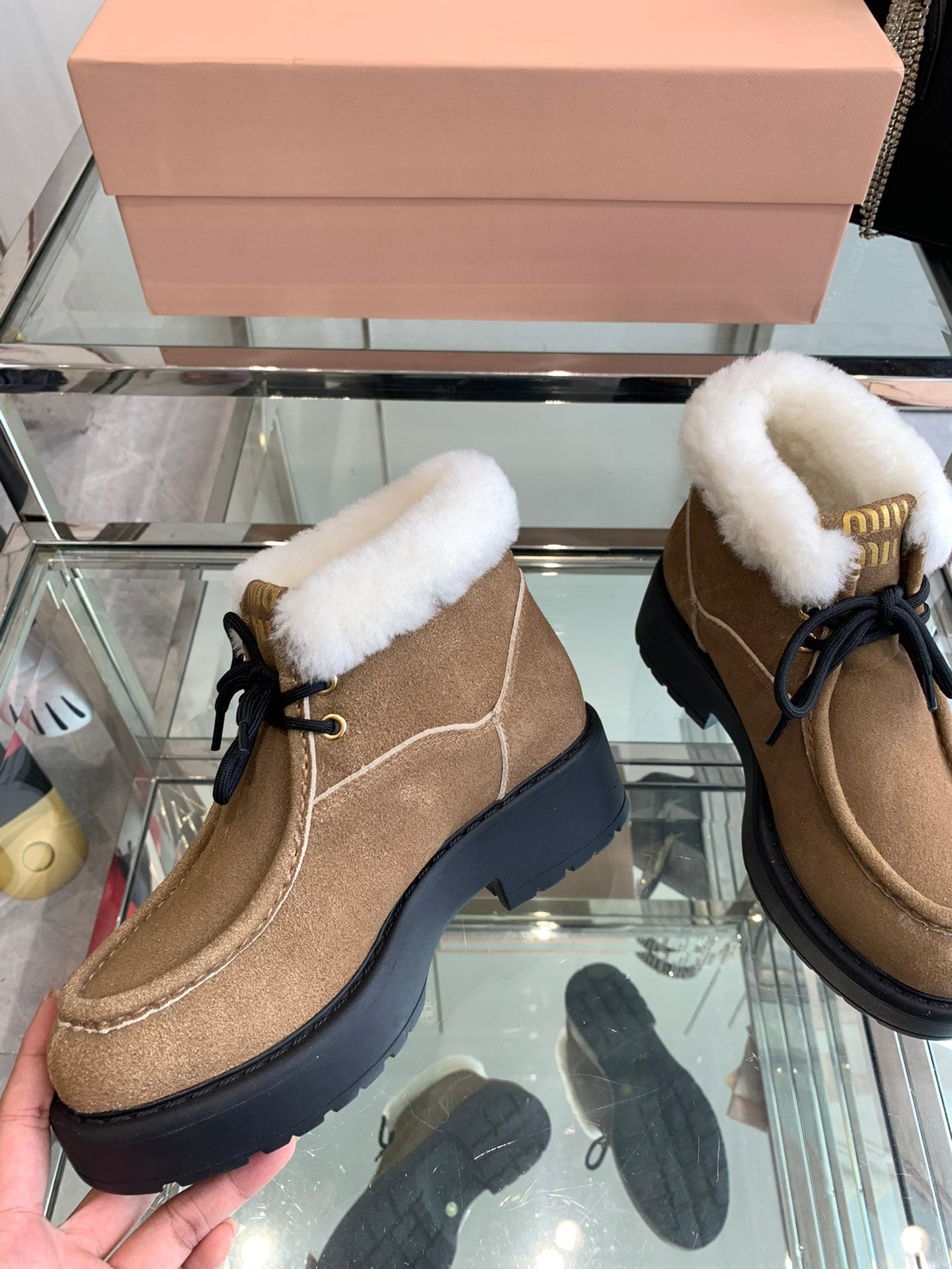 Miu Short Wool Boots Vintage Brown Open-Hemmed Cowhide