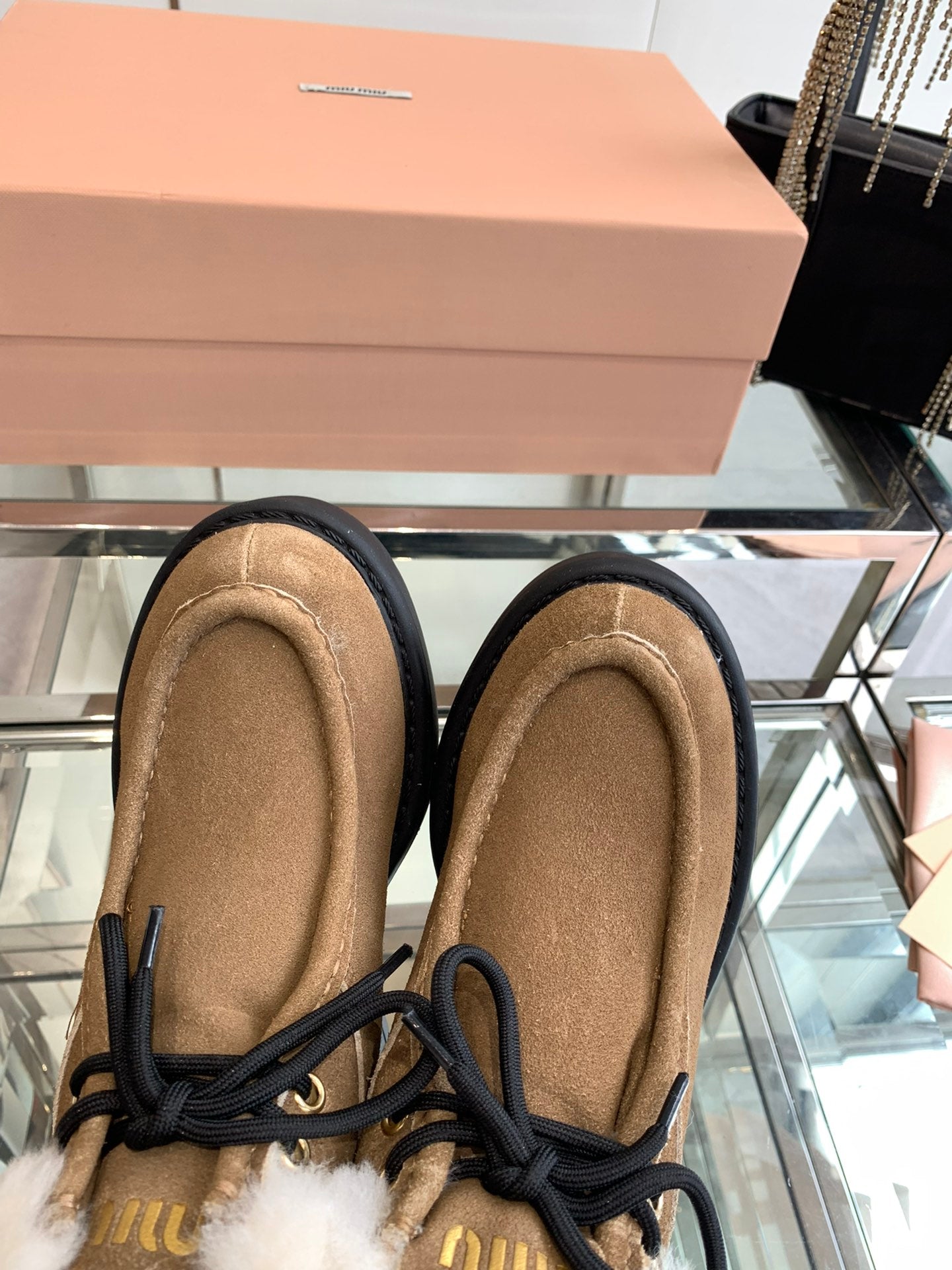 Miu Short Wool Boots Vintage Brown Open-Hemmed Cowhide