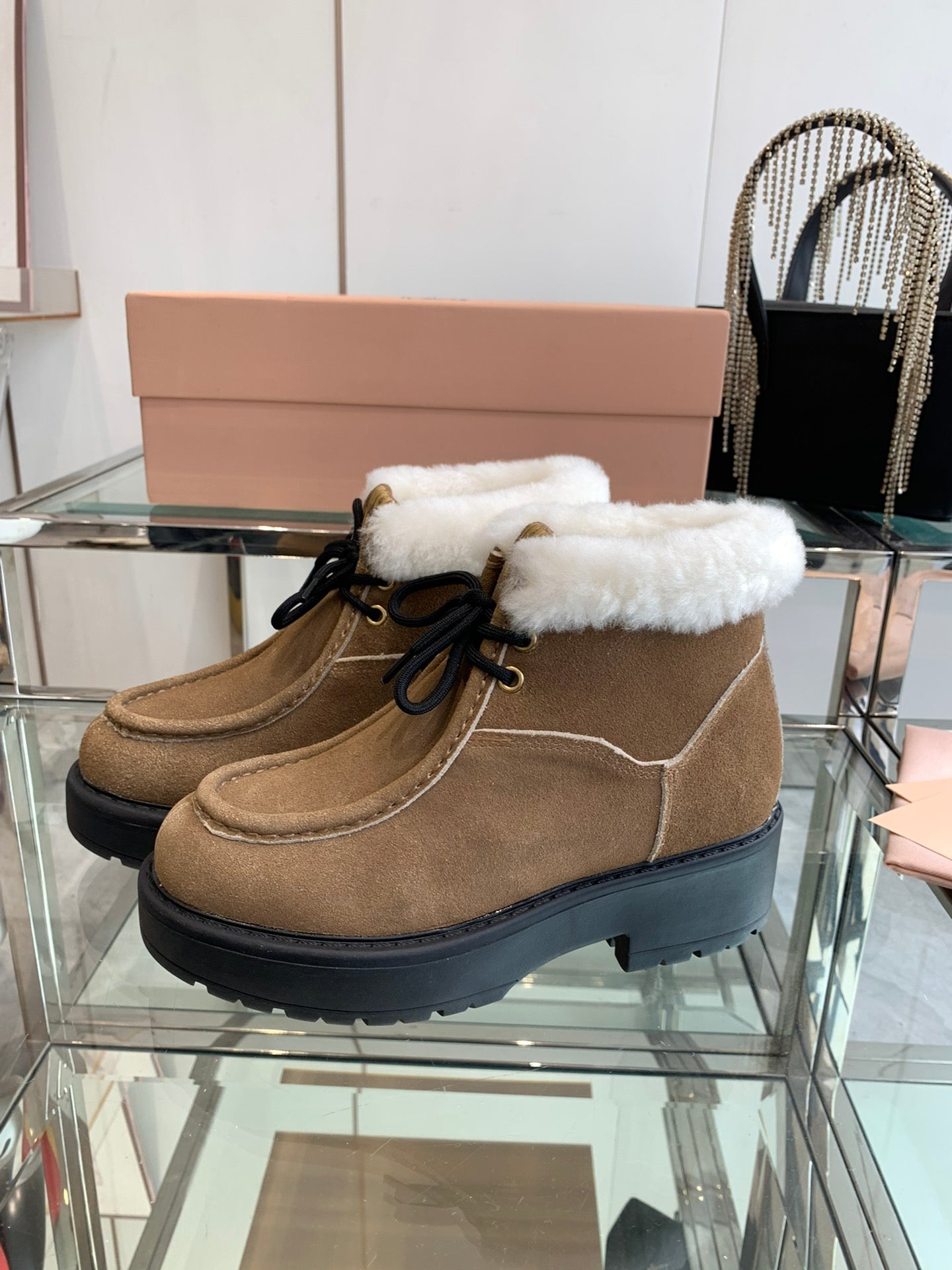 Miu Short Wool Boots Vintage Brown Open-Hemmed Cowhide