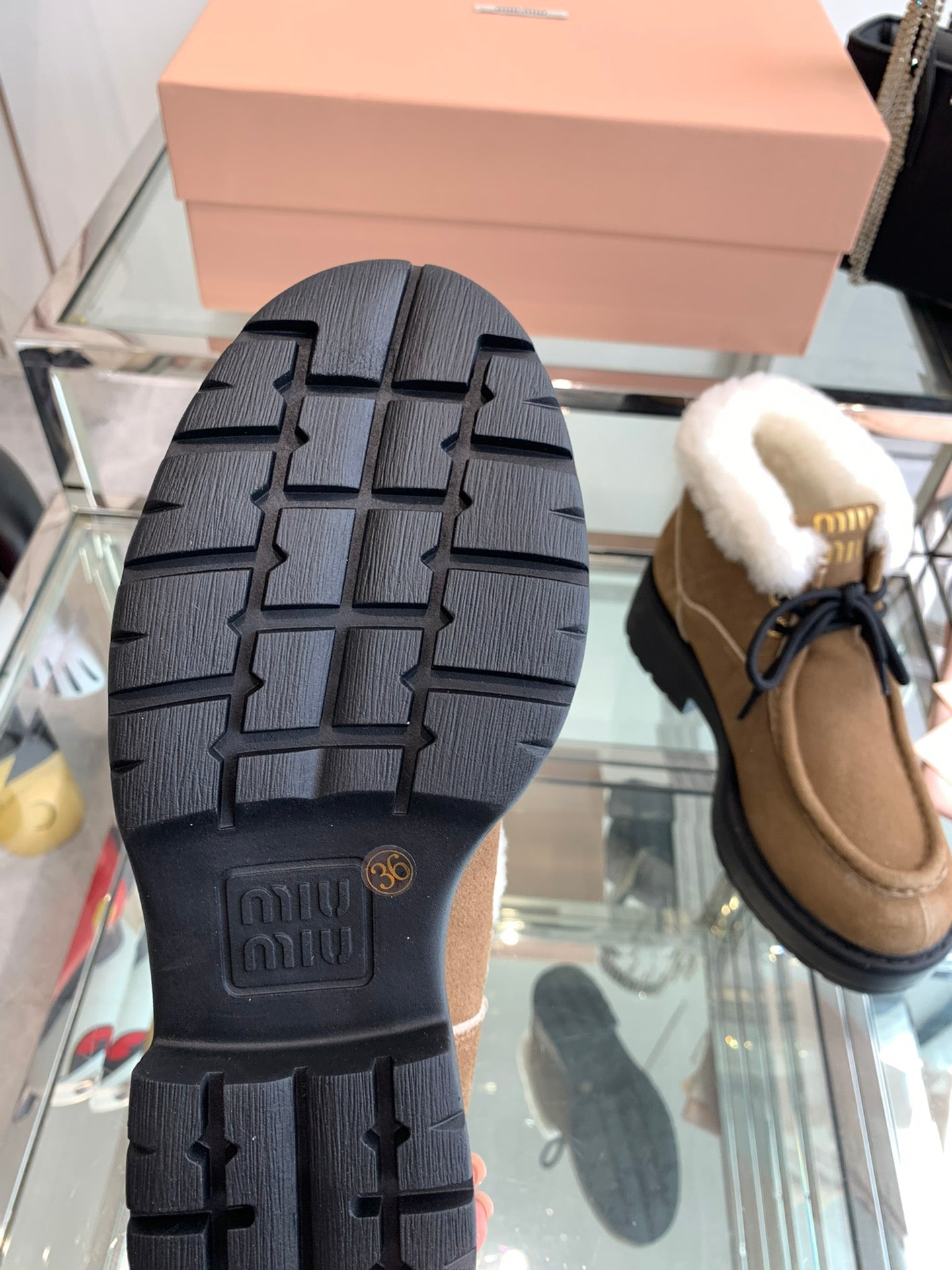 Miu Short Wool Boots Vintage Brown Open-Hemmed Cowhide