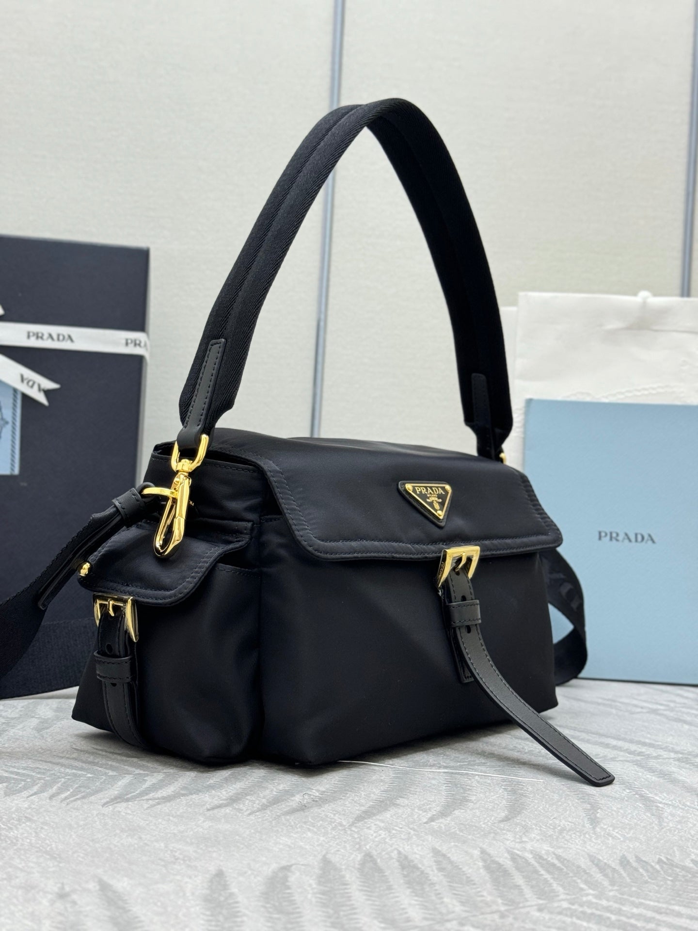Prada 2026 Explore Shoulder Bag 30cm With Flap Black Re-Nylon