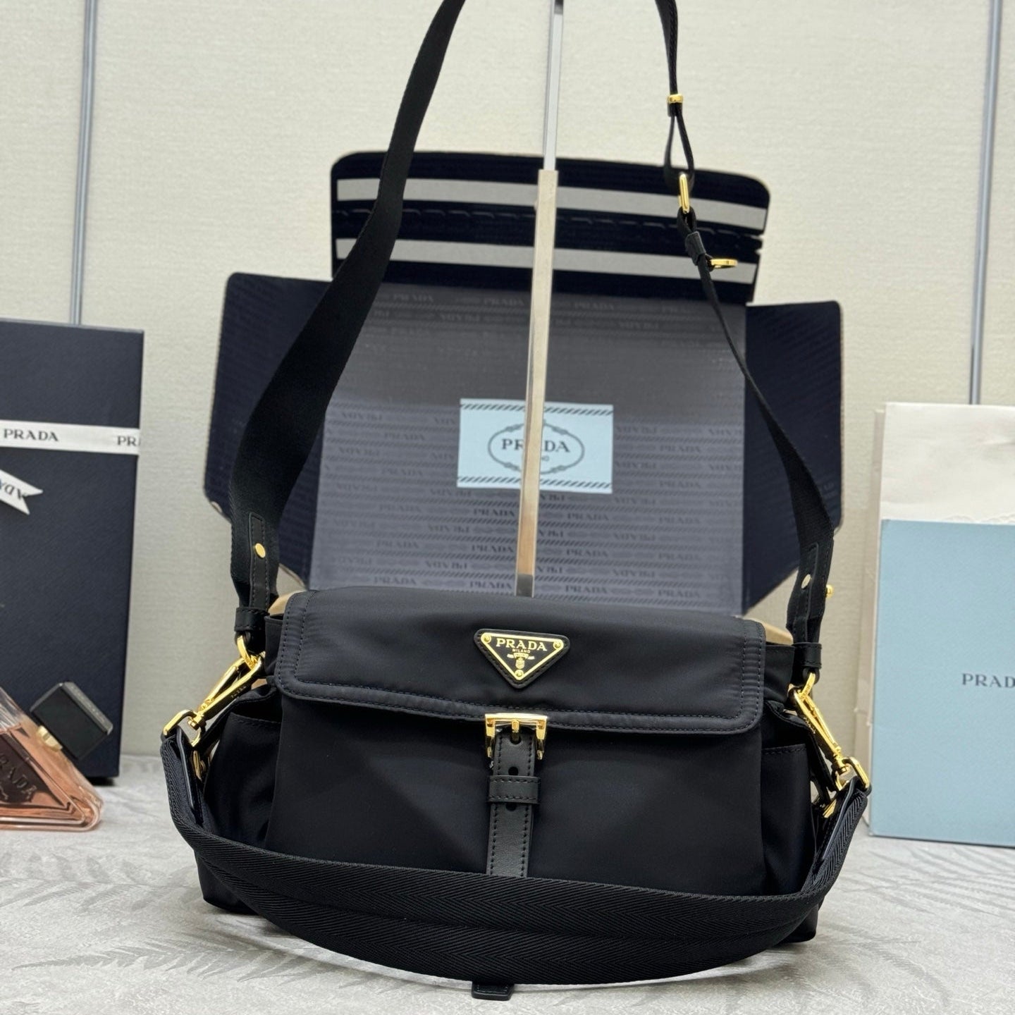 Prada 2026 Explore Shoulder Bag 30cm With Flap Black Re-Nylon