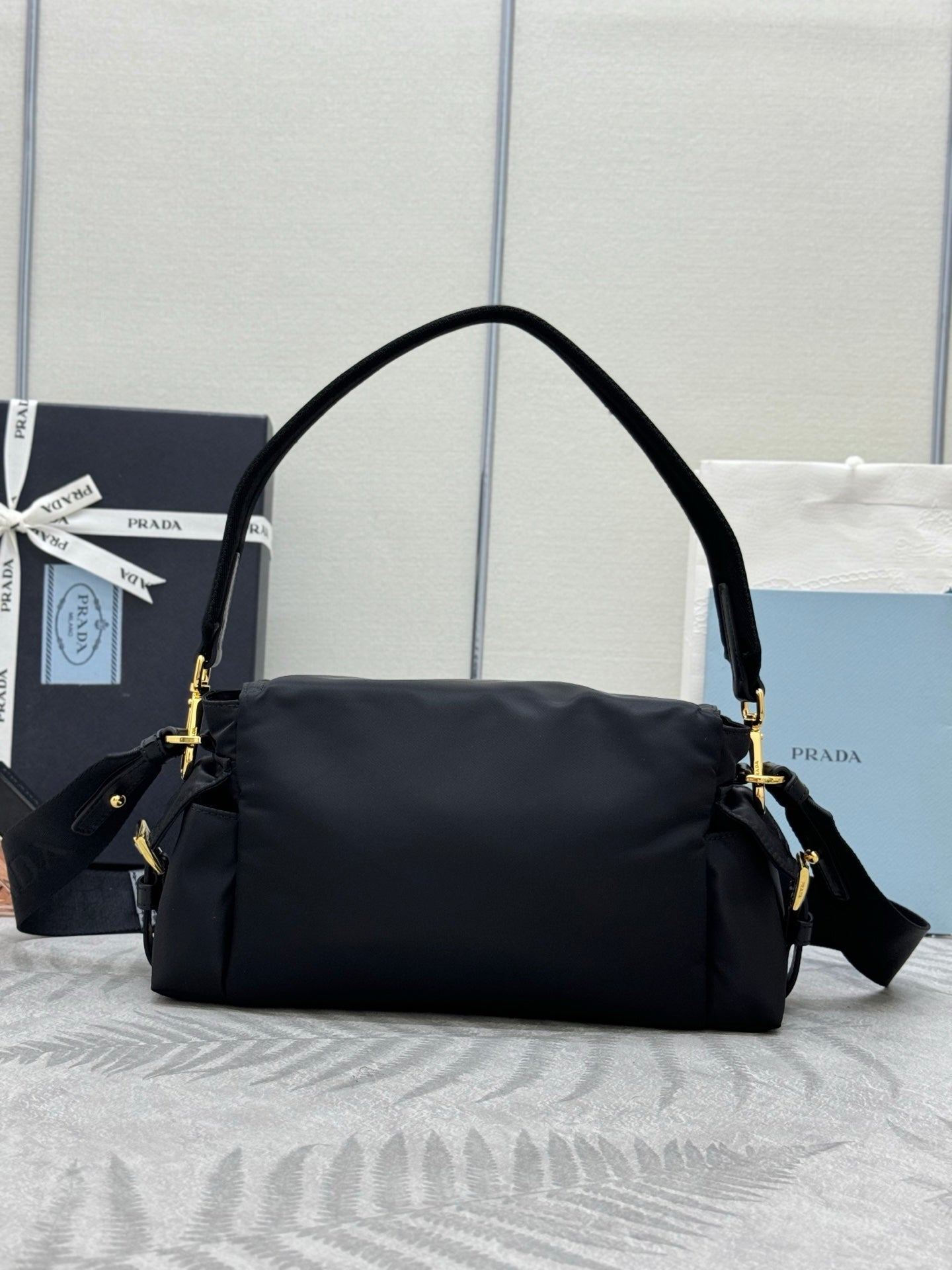Prada 2026 Explore Shoulder Bag 30cm With Flap Black Re-Nylon