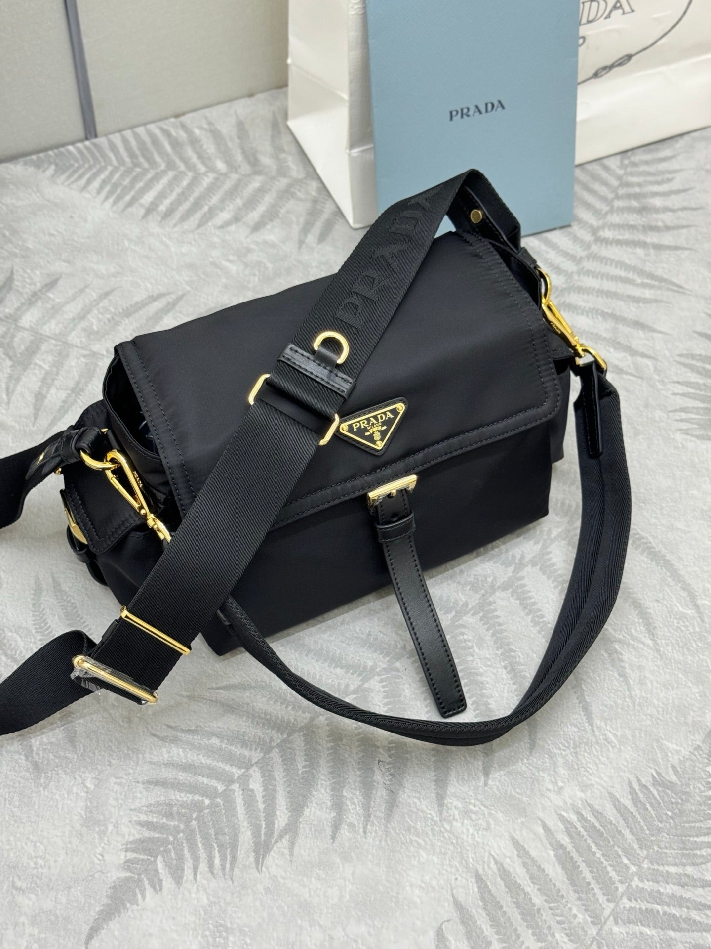 Prada 2026 Explore Shoulder Bag 30cm With Flap Black Re-Nylon