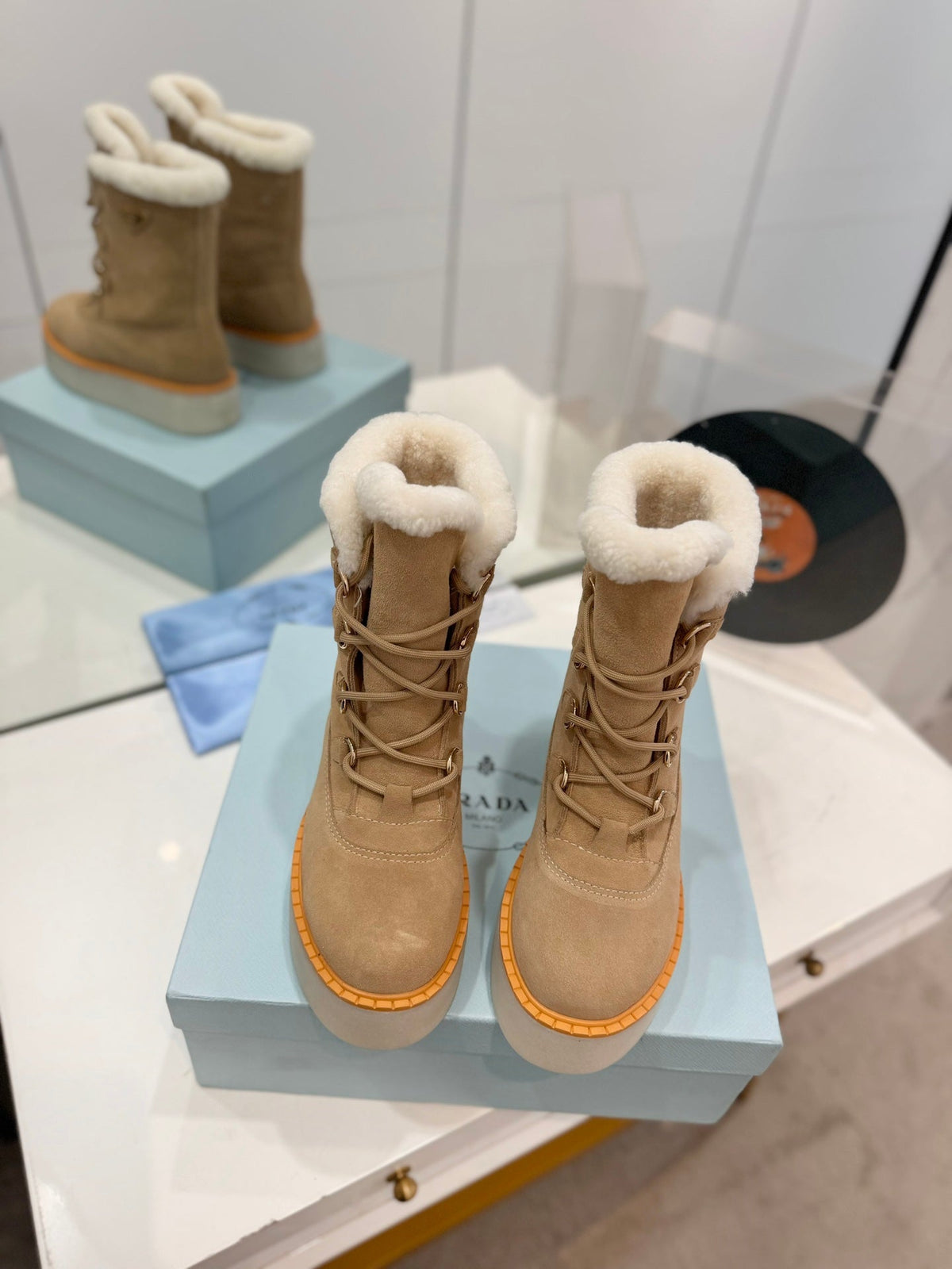 Prada 2026 Platform Snow Boots Suede Wool 166143