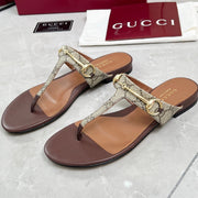 GC 25 Horsebit Thong Sandals Brown Canvas Leather 293854