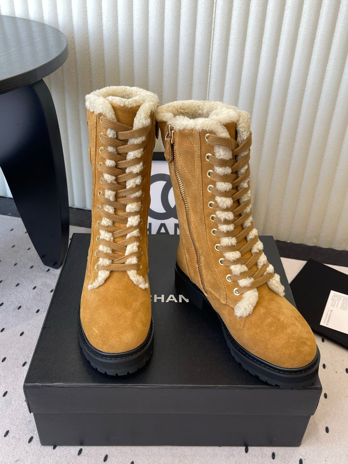 Chanel 2026 Quilted Lace Up Ankle Boots Suede Wool Leather 190006