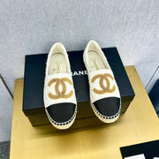 espadrilles yellow white tweed black grosgrain