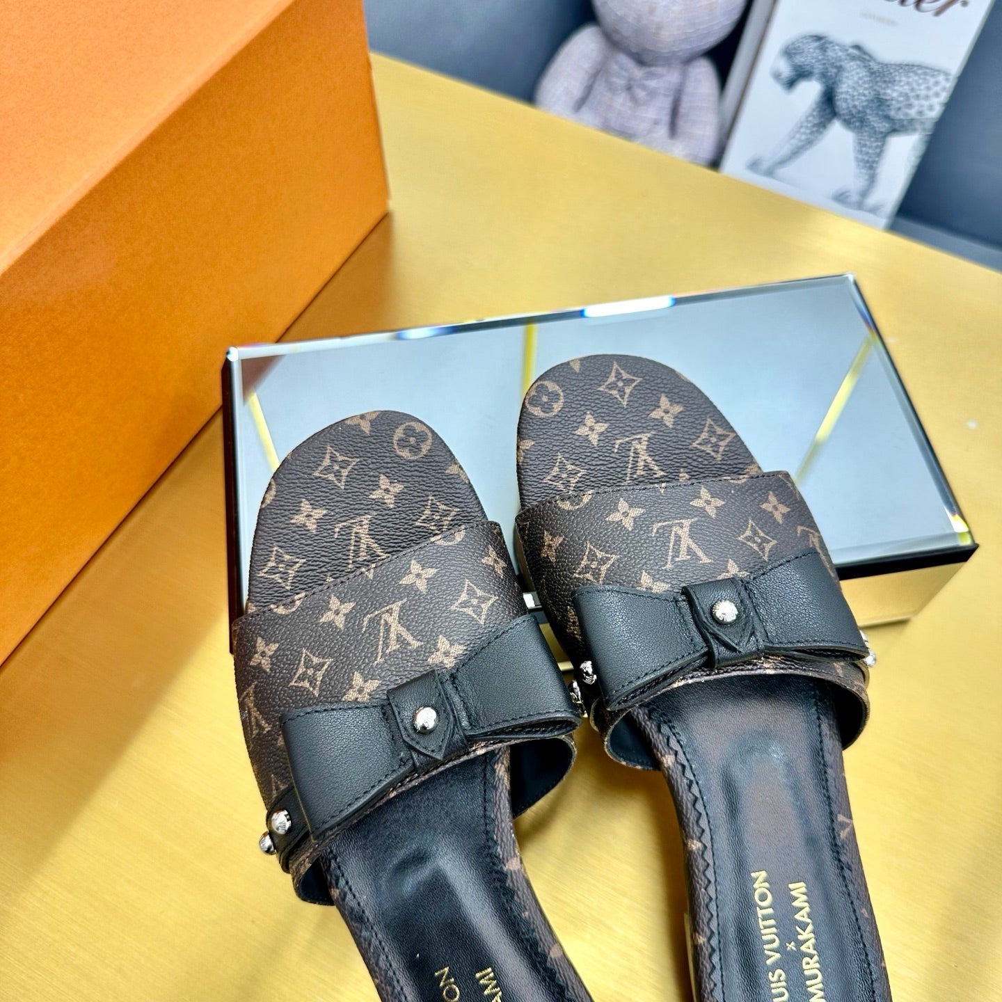 LV 25C LV x TM 6AM Flat Mule Black Bow Mocha Brown with Monogram Multicolore Leather 219951