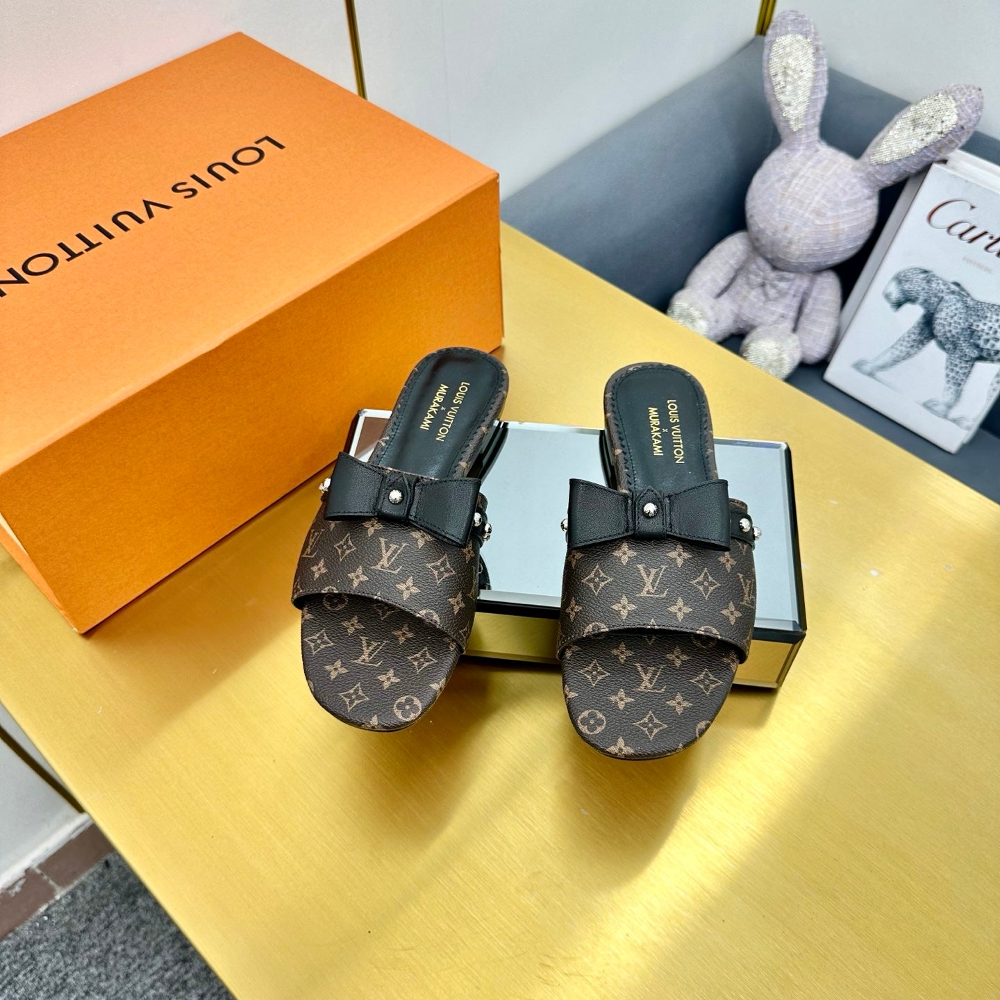 LV 25C LV x TM 6AM Flat Mule Black Bow Mocha Brown with Monogram Multicolore Leather 219951