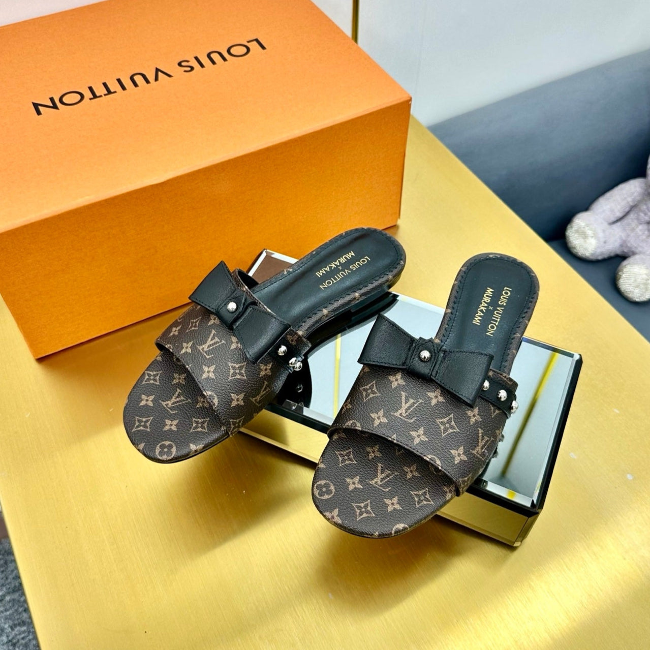 LV 25C LV x TM 6AM Flat Mule Black Bow Mocha Brown with Monogram Multicolore Leather 219951