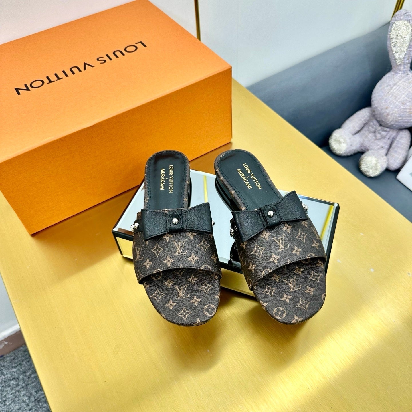 LV 25C LV x TM 6AM Flat Mule Black Bow Mocha Brown with Monogram Multicolore Leather 219951