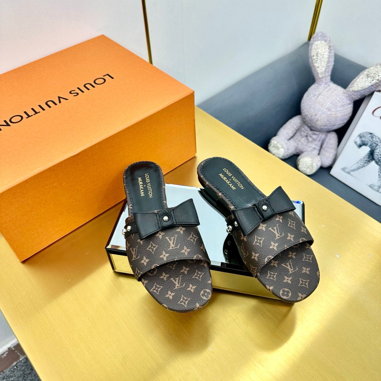 LV 25C LV x TM 6AM Flat Mule Black Bow Mocha Brown with Monogram Multicolore Leather 219951