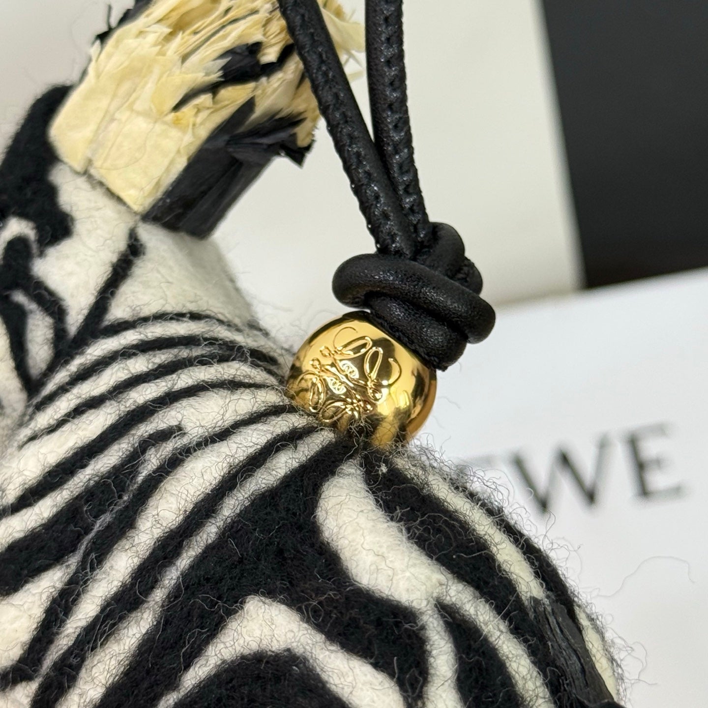 Loewe x Paula's Ibiza Zebra Bag Charm Black And Off-white Raffia Leather