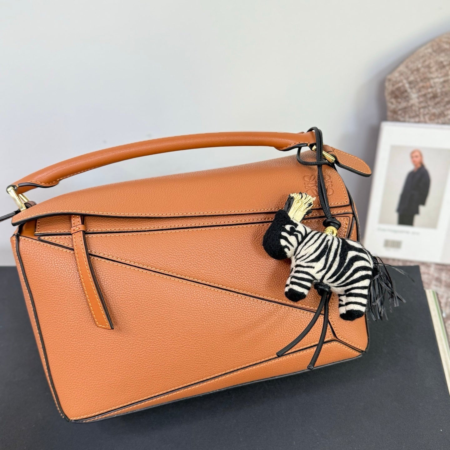Loewe x Paula's Ibiza Zebra Bag Charm Black And Off-white Raffia Leather