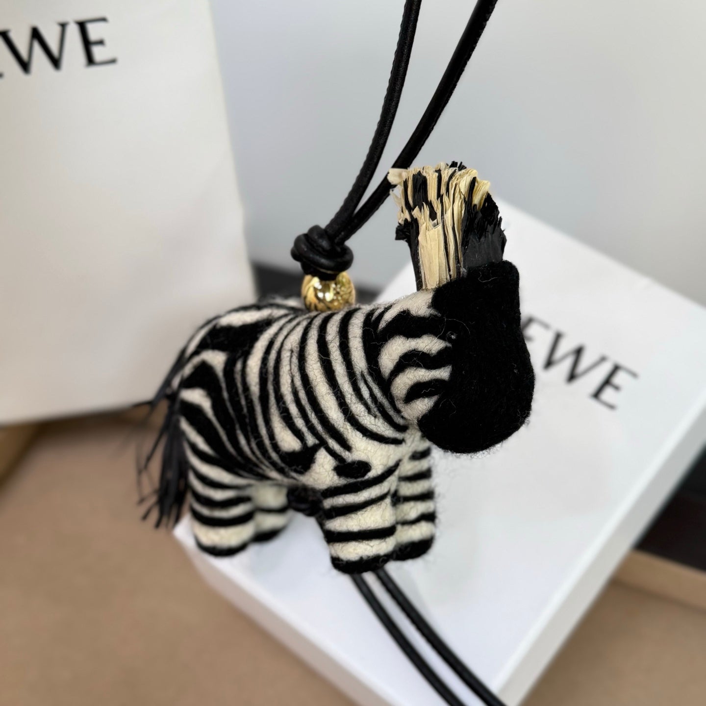 Loewe x Paula's Ibiza Zebra Bag Charm Black And Off-white Raffia Leather