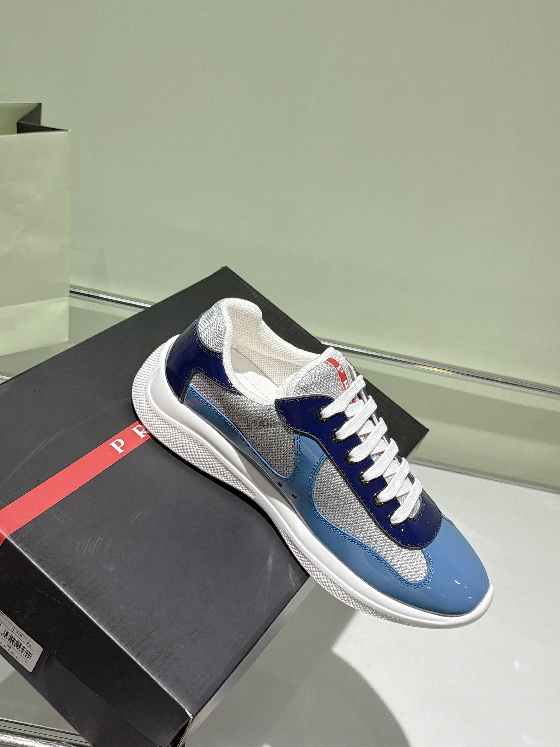 Prada 2026 America's Cup Sneaker Blue Gray Patent Leather And Mesh 951640
