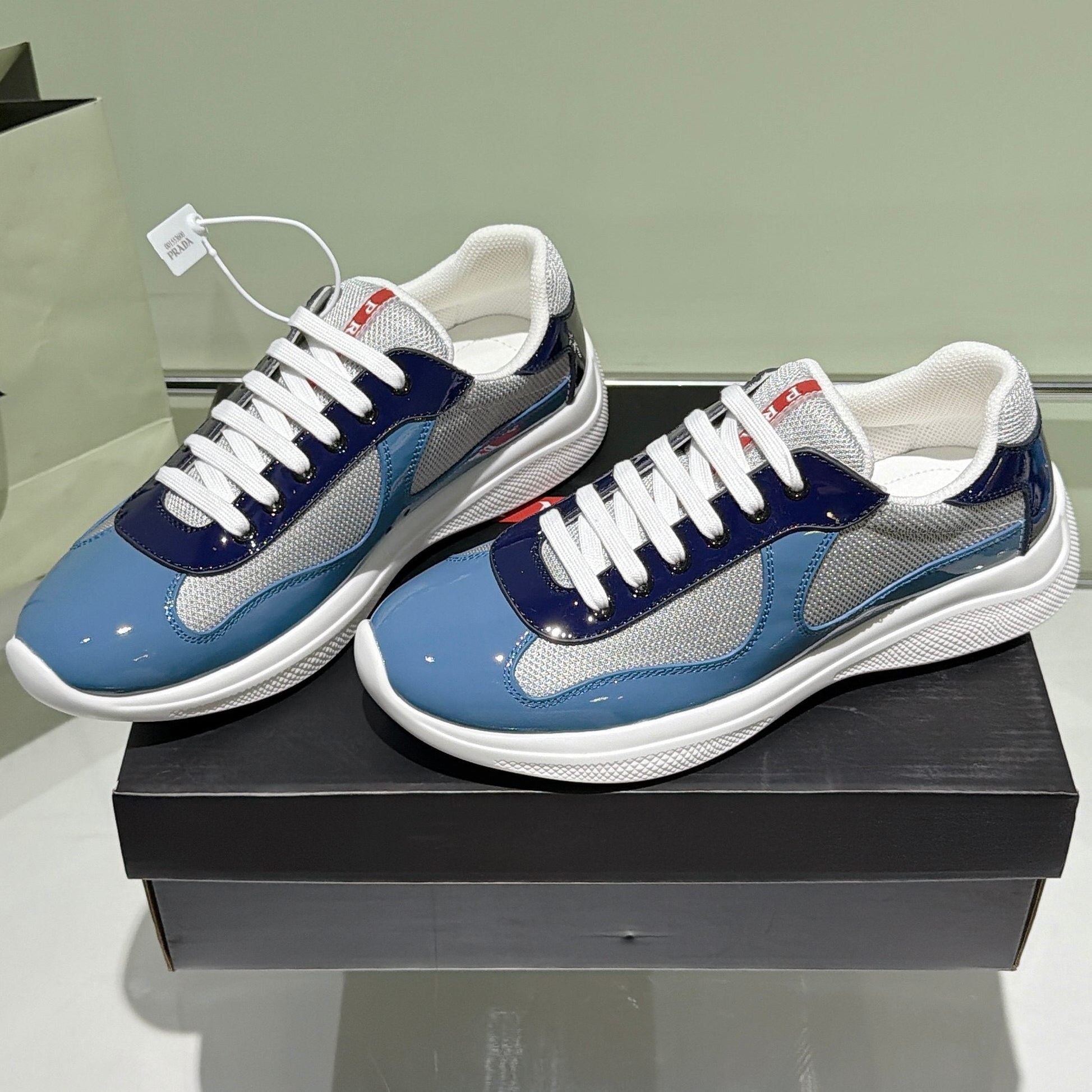 Prada 2026 America's Cup Sneaker Blue Gray Patent Leather And Mesh 951640