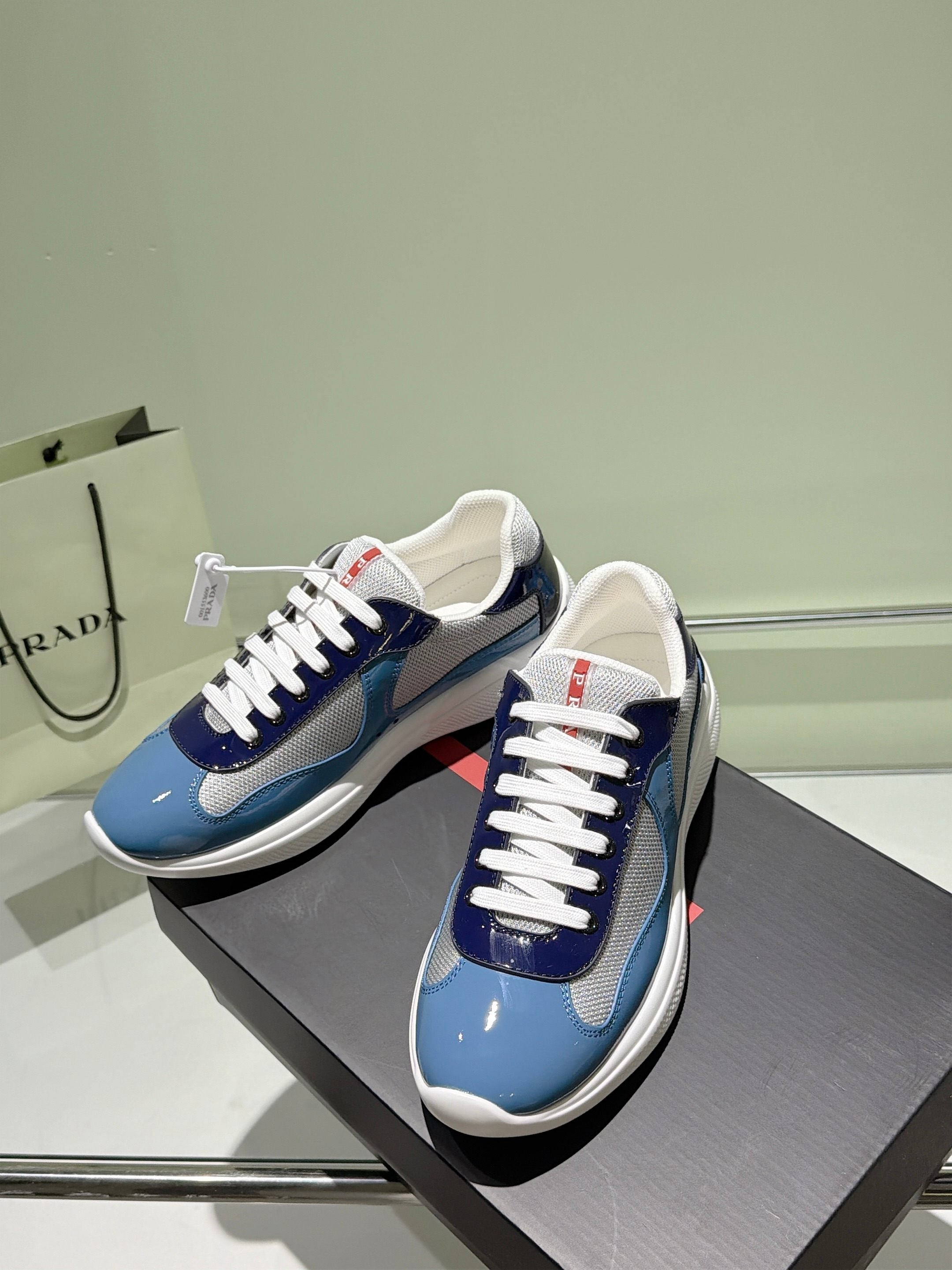 Prada 2026 America's Cup Sneaker Blue Gray Patent Leather And Mesh 951640