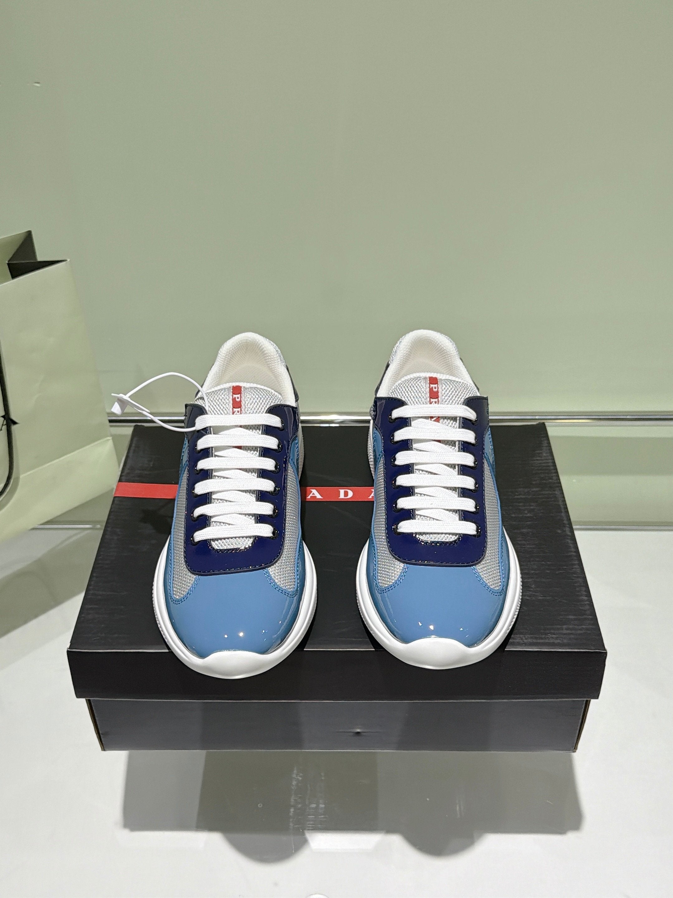 Prada 2026 America's Cup Sneaker Blue Gray Patent Leather And Mesh 951640