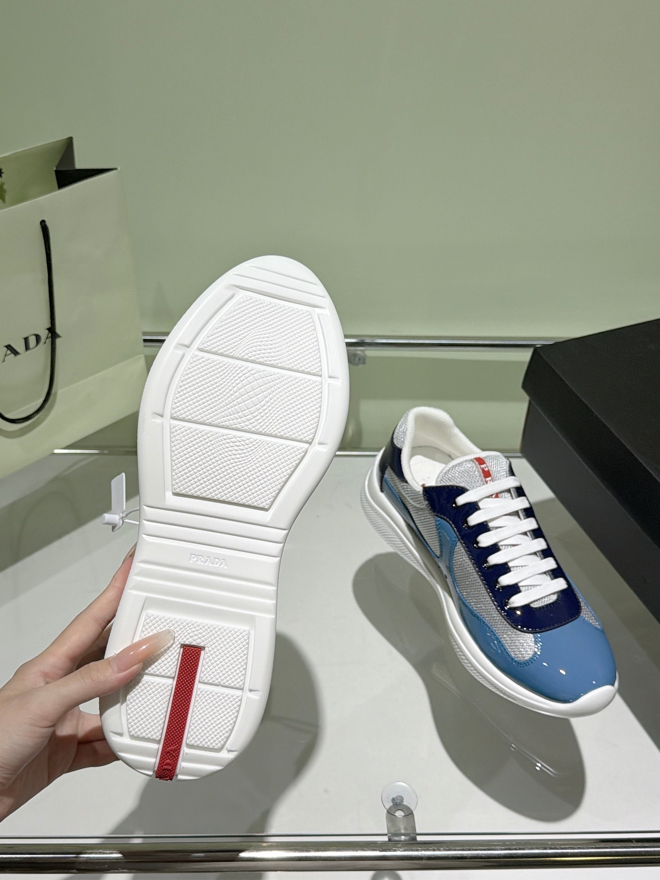 Prada 2026 America's Cup Sneaker Blue Gray Patent Leather And Mesh 951640