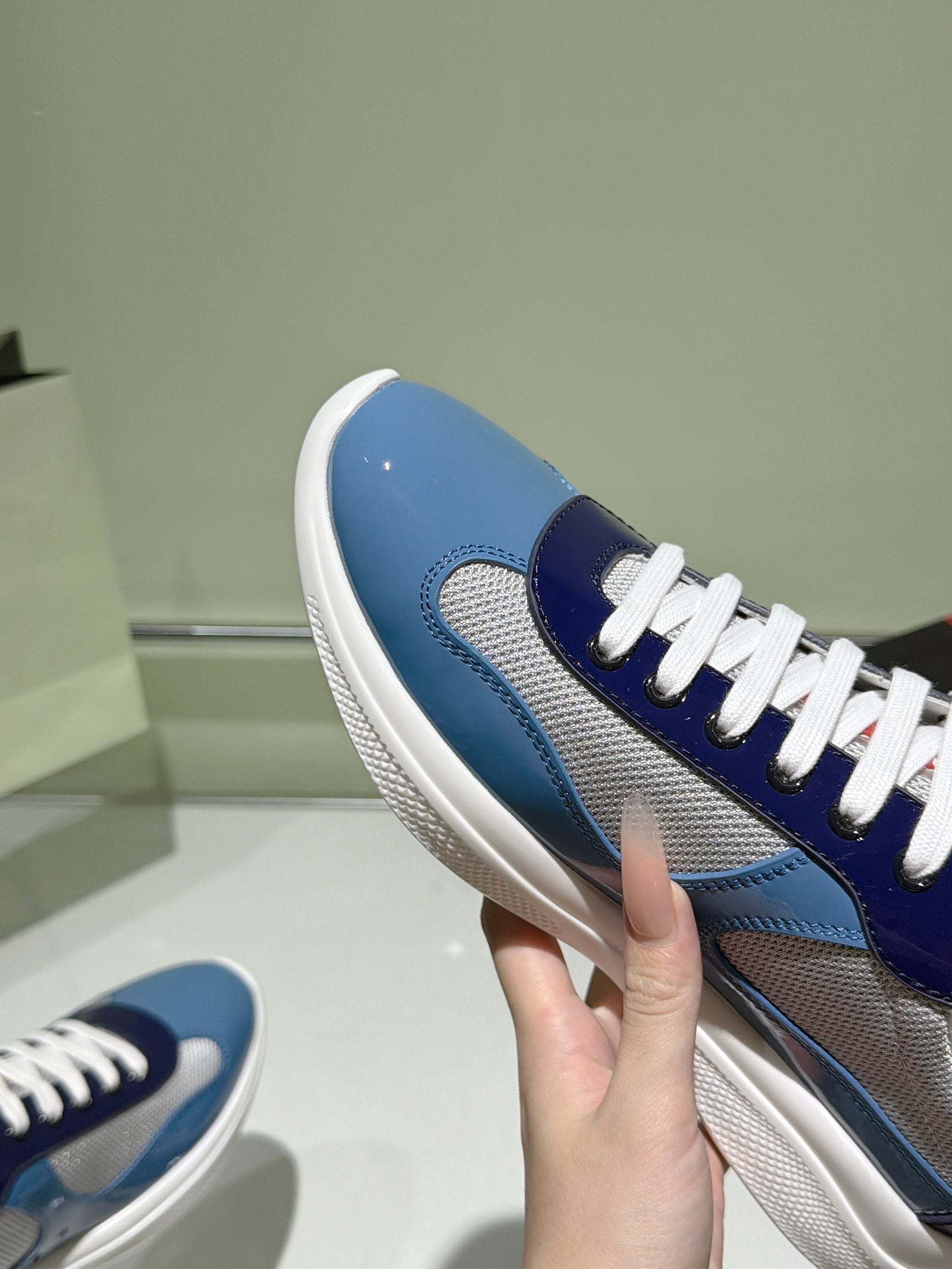 Prada 2026 America's Cup Sneaker Blue Gray Patent Leather And Mesh 951640