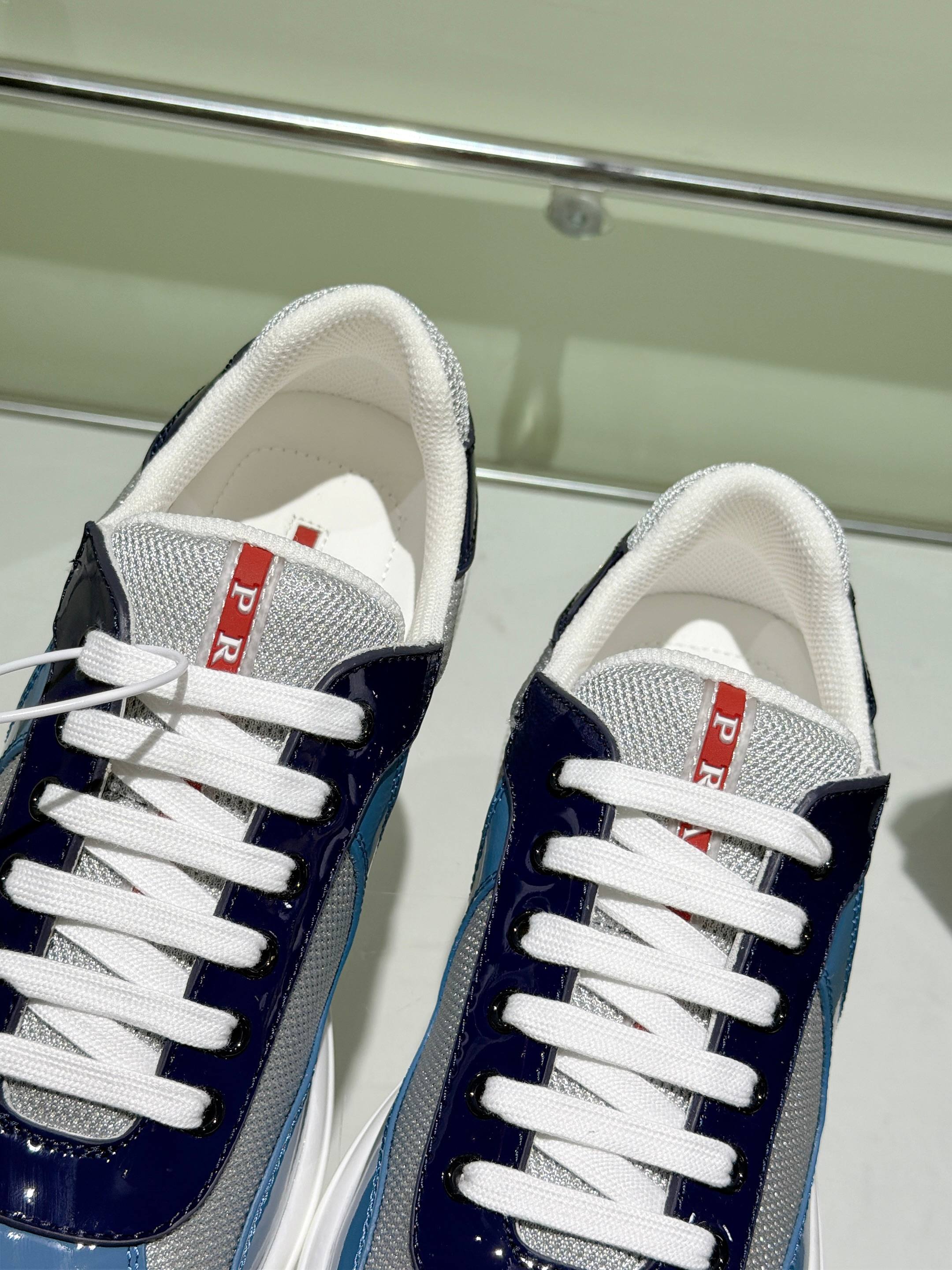 Prada 2026 America's Cup Sneaker Blue Gray Patent Leather And Mesh 951640