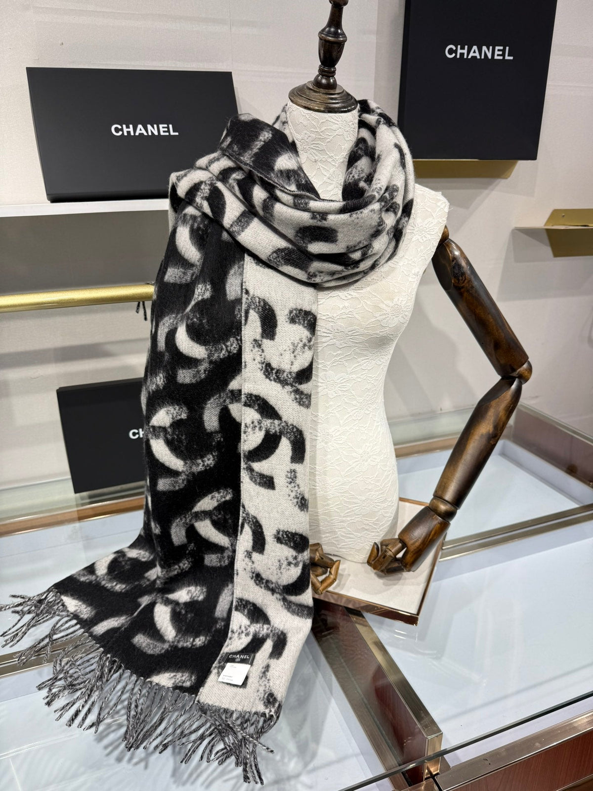 Chanel 2026 Monogram Scarf 200cm Black Cashmere 195606