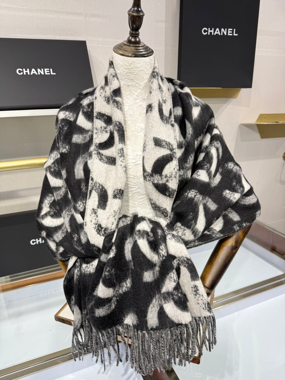 Chanel 2026 Monogram Scarf 200cm Black Cashmere 195606