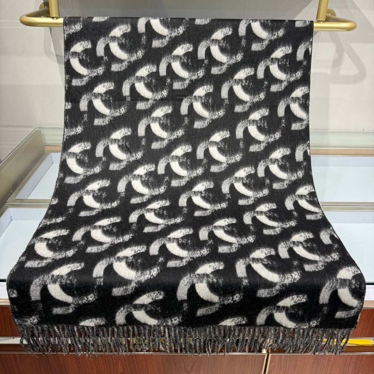 Chanel 2026 Monogram Scarf 200cm Black Cashmere 195606