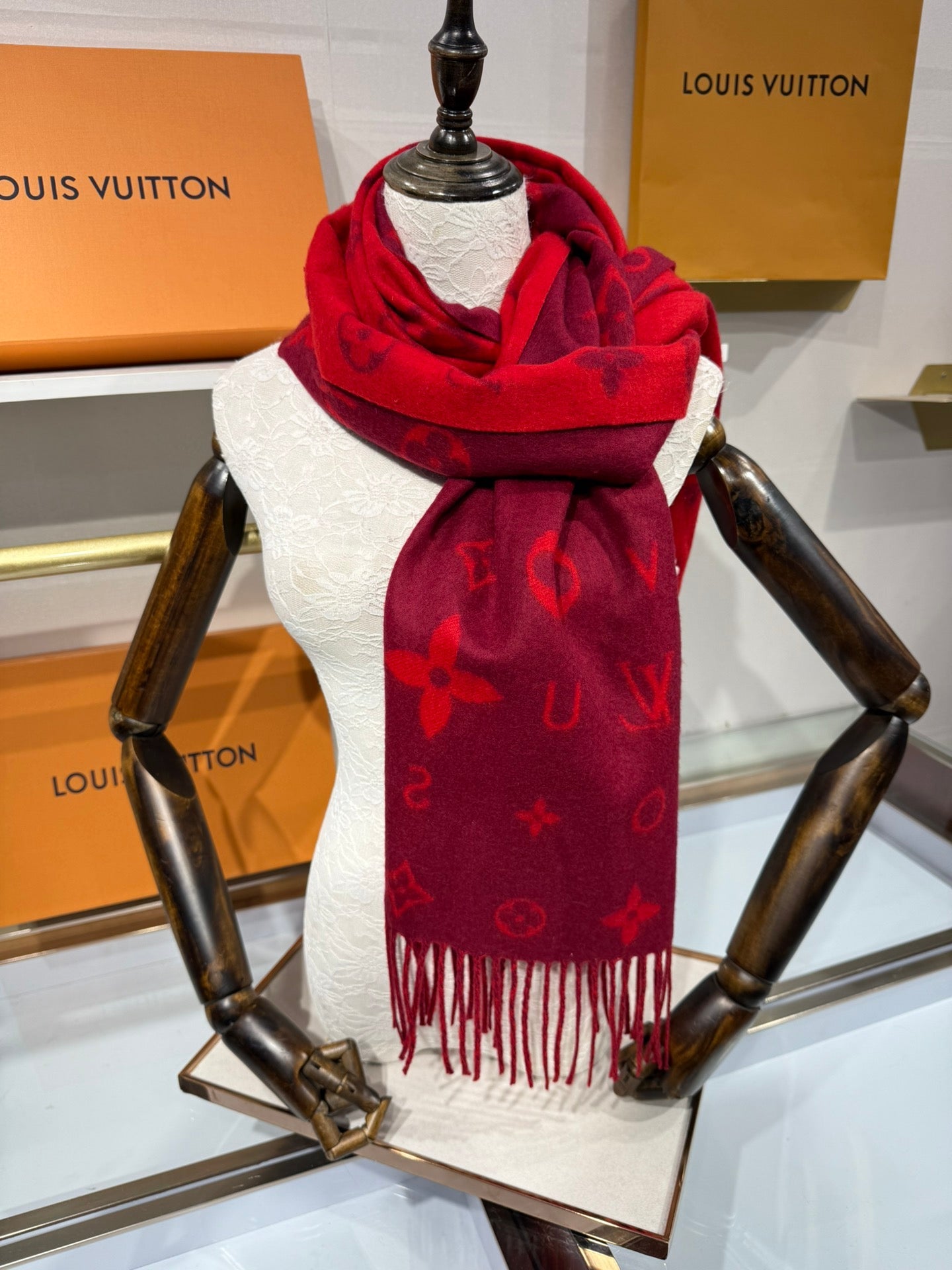 LV Reykjavik Monogram Scarf 220cm Red Cashmere 969395