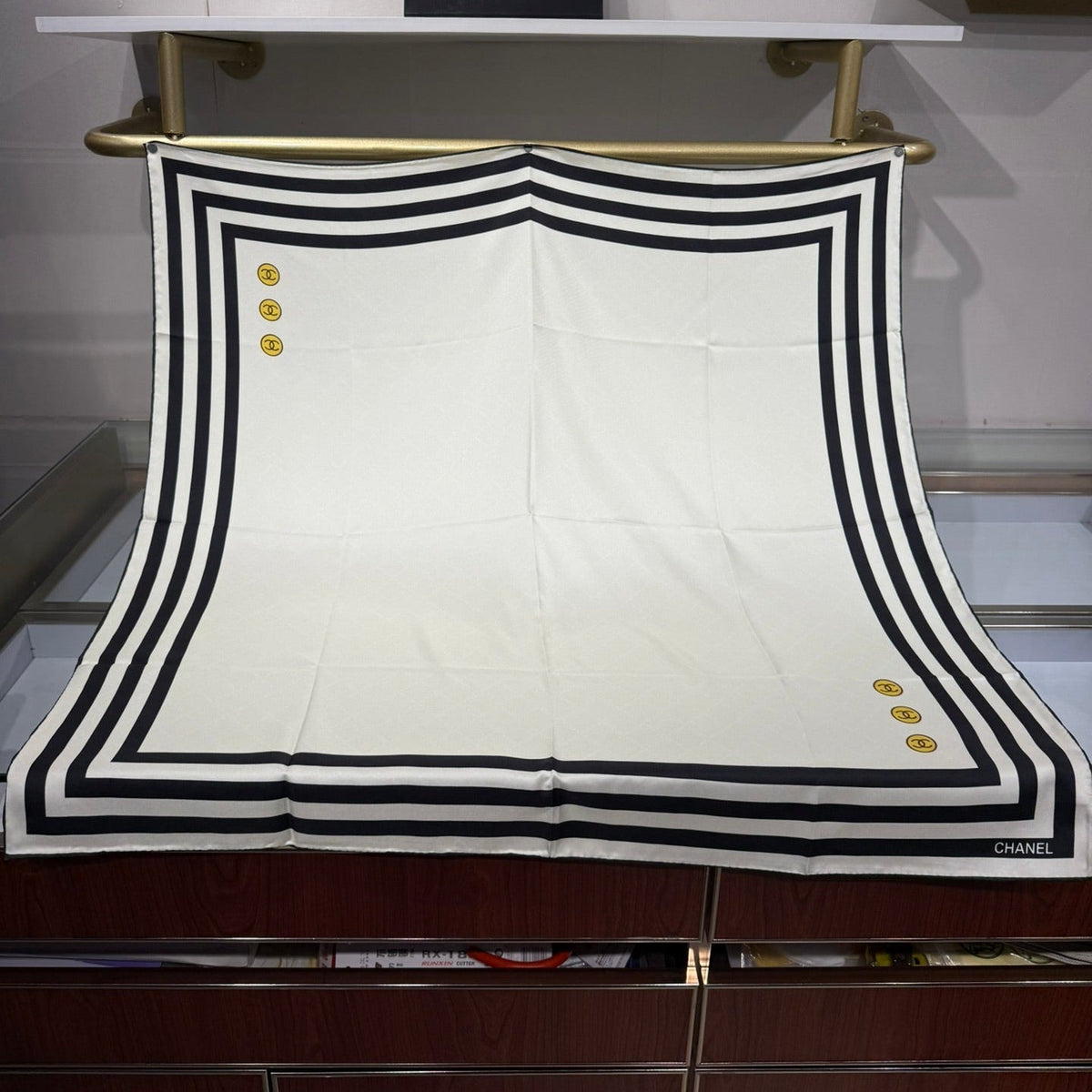Chanel 2026 Pinstripe Scarf 90cm Black White Silk 209010