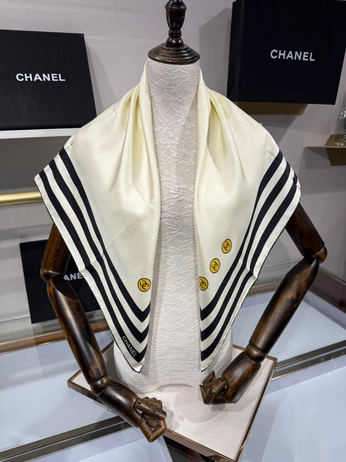 Chanel 2026 Pinstripe Scarf 90cm Black White Silk 209010
