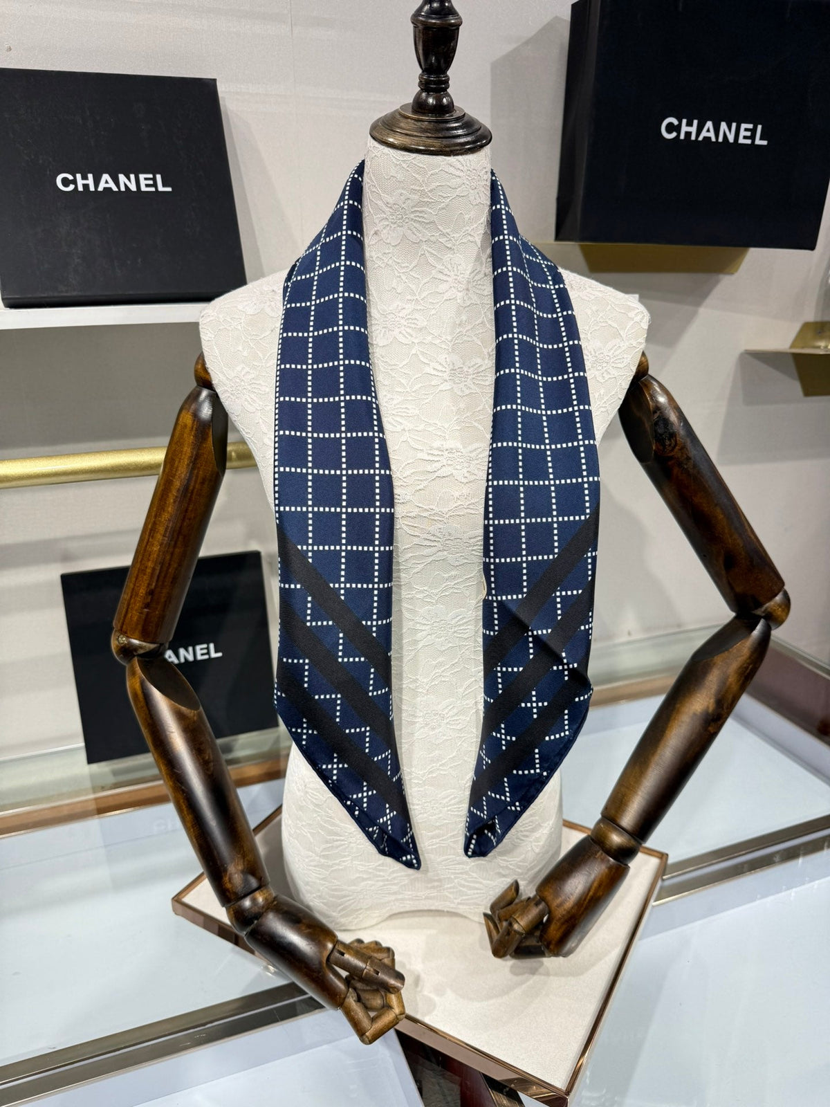 Chanel 2026 Pinstripe Scarf 90cm Navy Blue Silk 198207