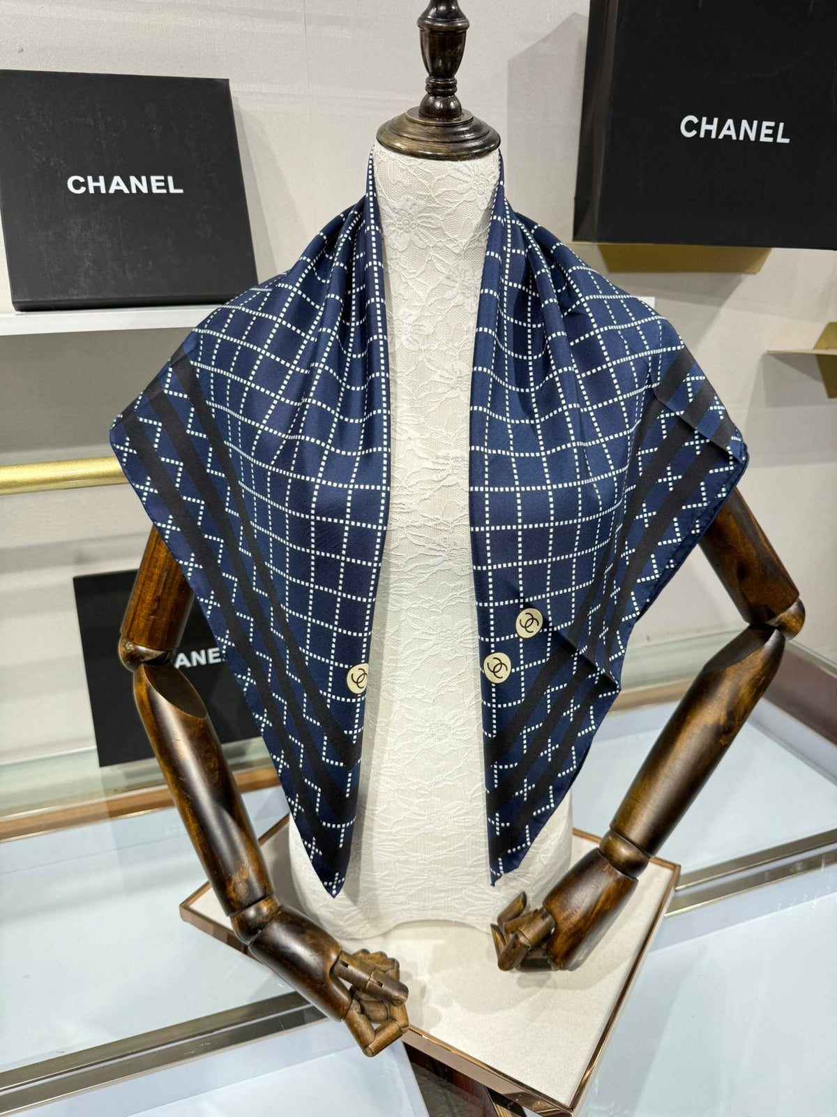 Chanel 2026 Pinstripe Scarf 90cm Navy Blue Silk 198207