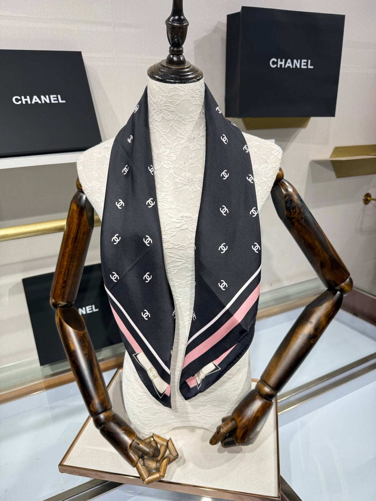 Chanel 2026 Square Scarf 90cm Black Pink Silk Twill 208885