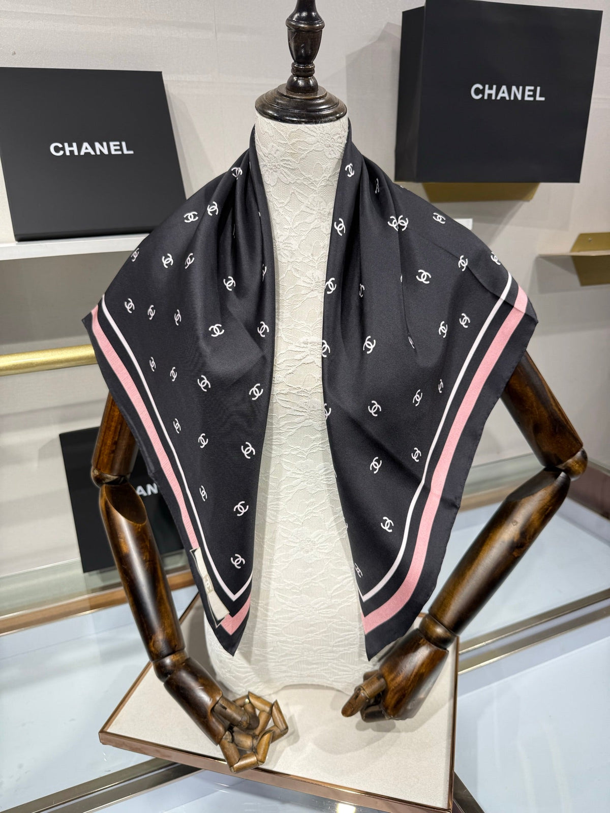 Chanel 2026 Square Scarf 90cm Black Pink Silk Twill 208885